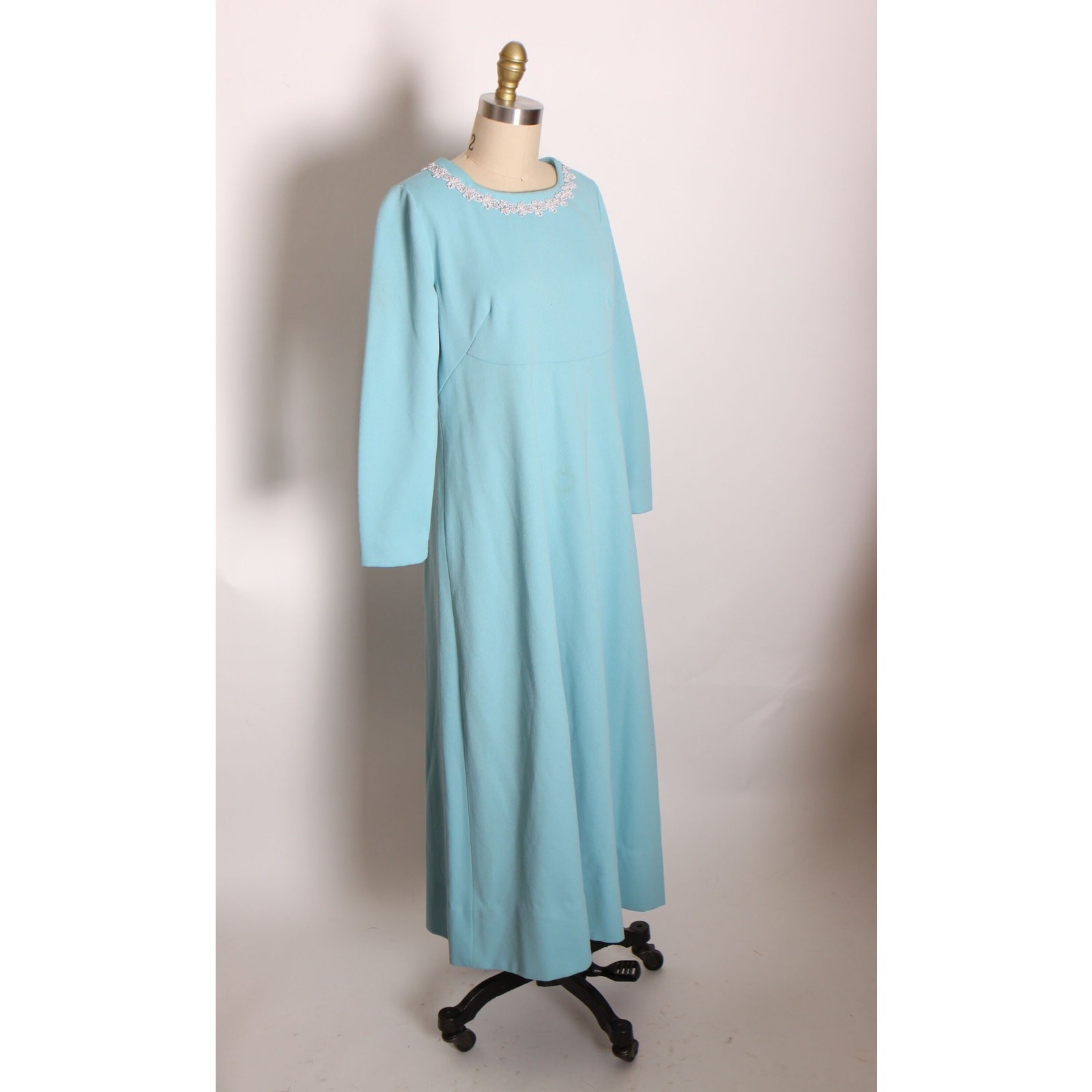 1960s Blue 3/4 Length Sleeve Empire Waist Silver Trim Mod Dress