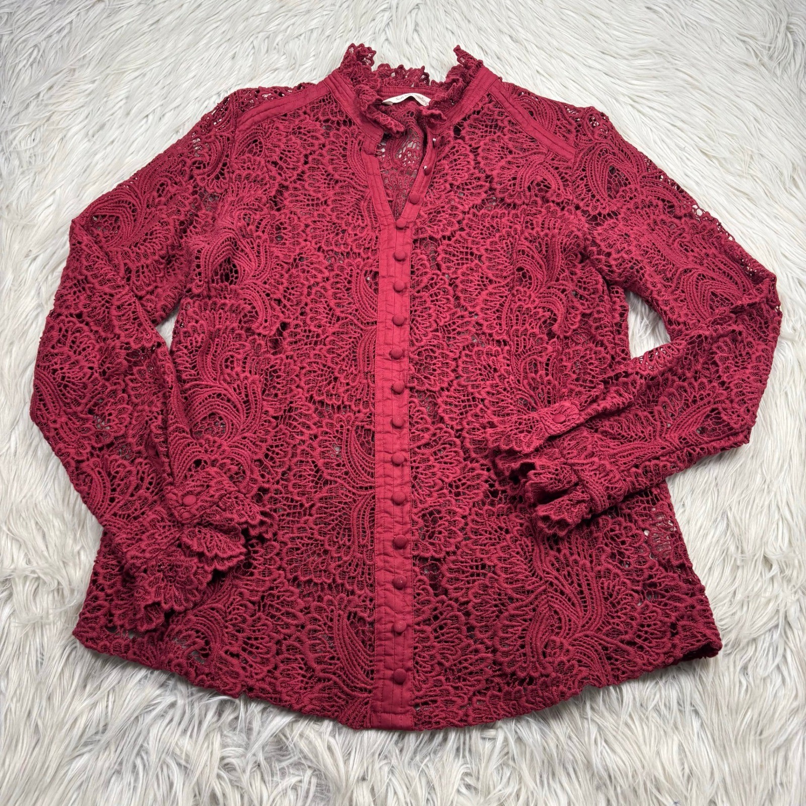 Soft Surroundings Women’s XS Red Lace Button Front Blouse Top Romantic Victorian