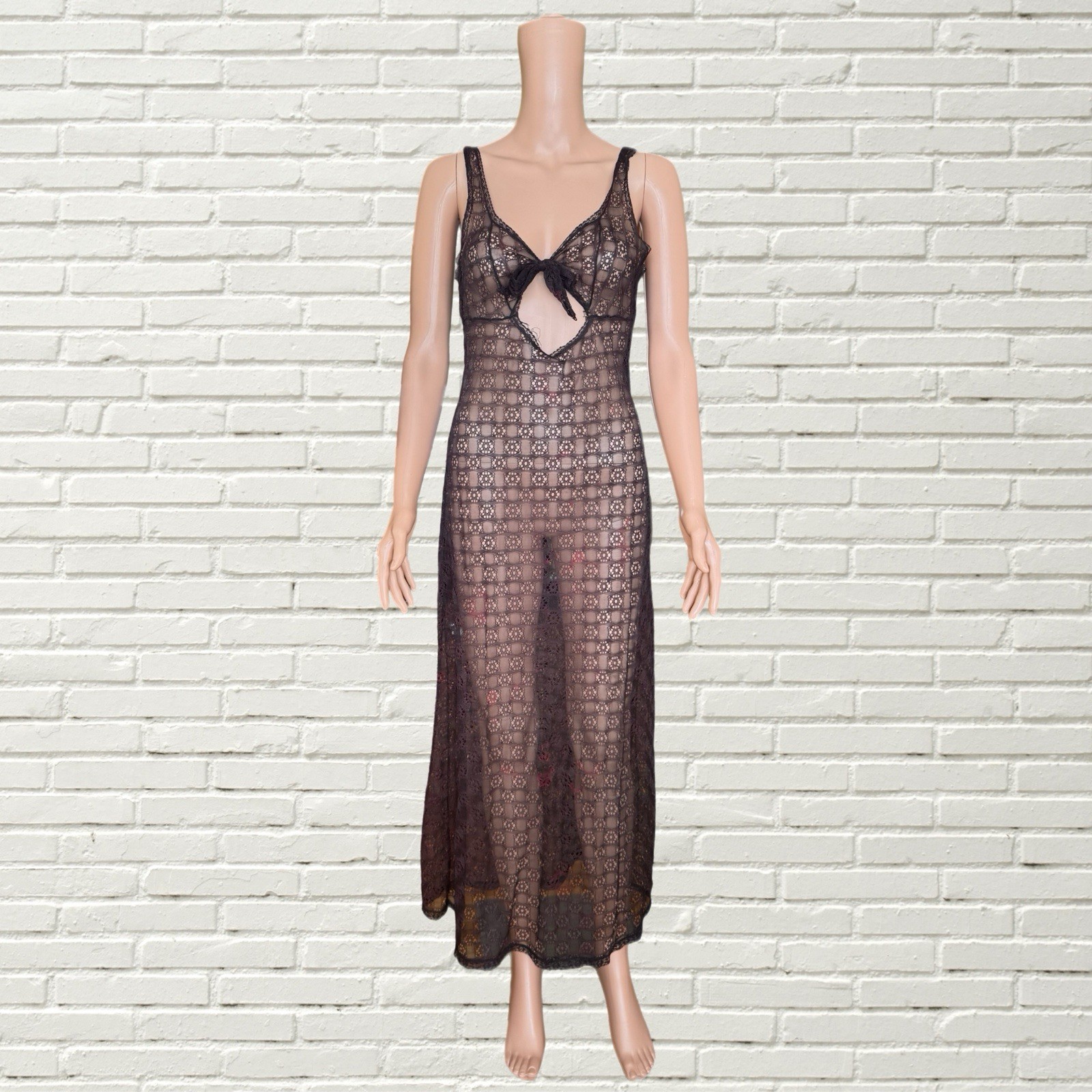 Vintage 60s 70s Black Sheer Lace Maxi Slip Dress – Sexy Cut Out 1930s Style Xs