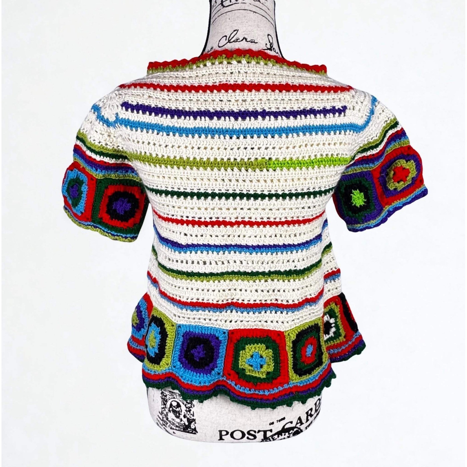Vtg 70’s Crochet Granny Square Top Wool Rainbow Retro One Size See Measurements