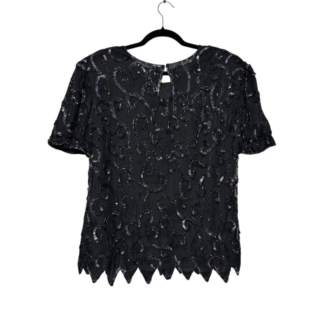 Dusk to Dawn Vintage 80s 100% Silk Sequin Beaded Top Women Size 18 Black Formal