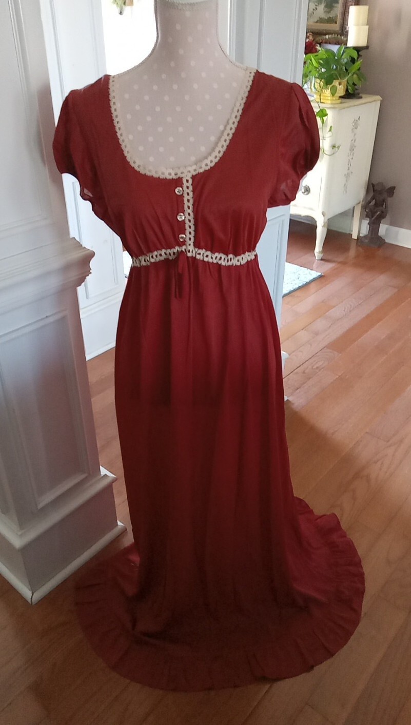 Dreamy Vintage Rogers Brick Red Long Night Gown Ruffles and Lace Women M 12-14