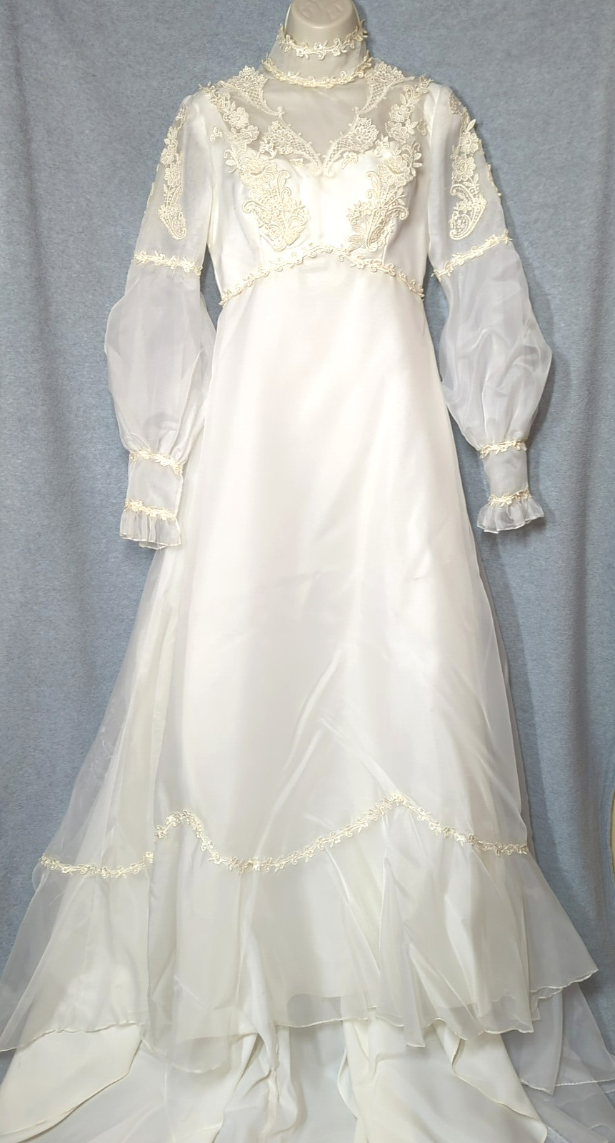 Vtg 1960’s Victorian Inspired Prairie Wedding Gown S Bishop Sleeves Romantic