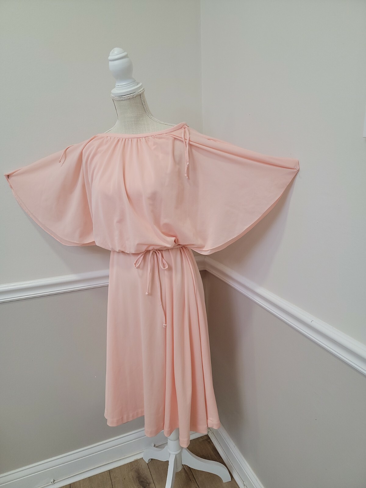 Vtg 70s Laurel Ridge Dress Butterfly Sleeve Overlay Top A Line