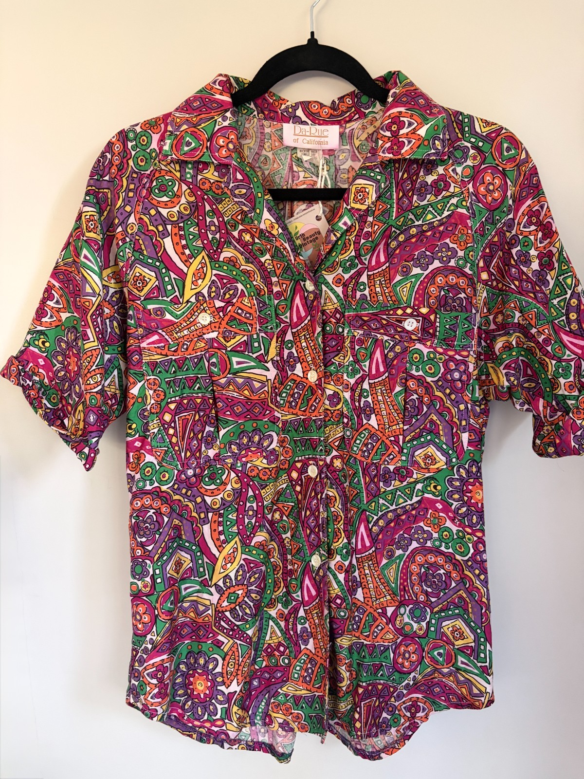 Vintage 1970s Da Rue California Tropical Abstract Button Up Shirt Made USA Cotto