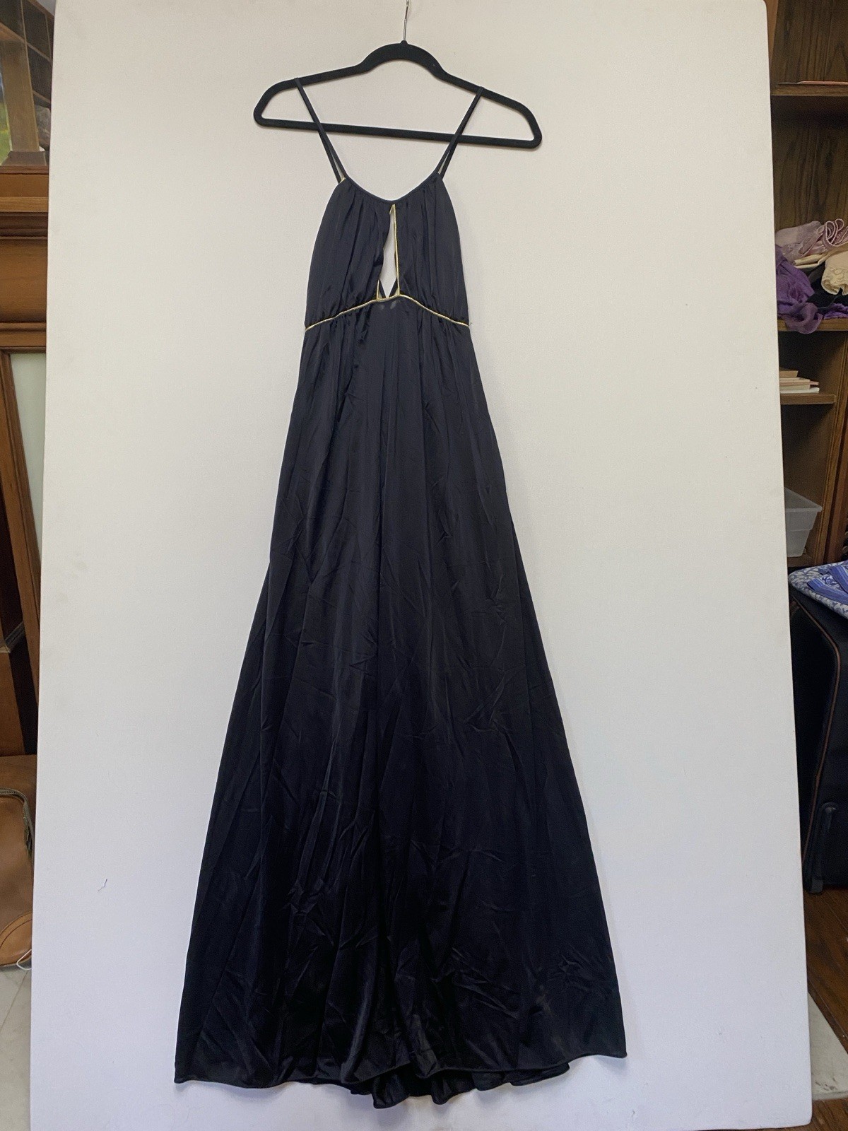 Vtg 60s Lily Of France L Nightgown Maxi Nylon Black Gold Trim Keyhole Low Back