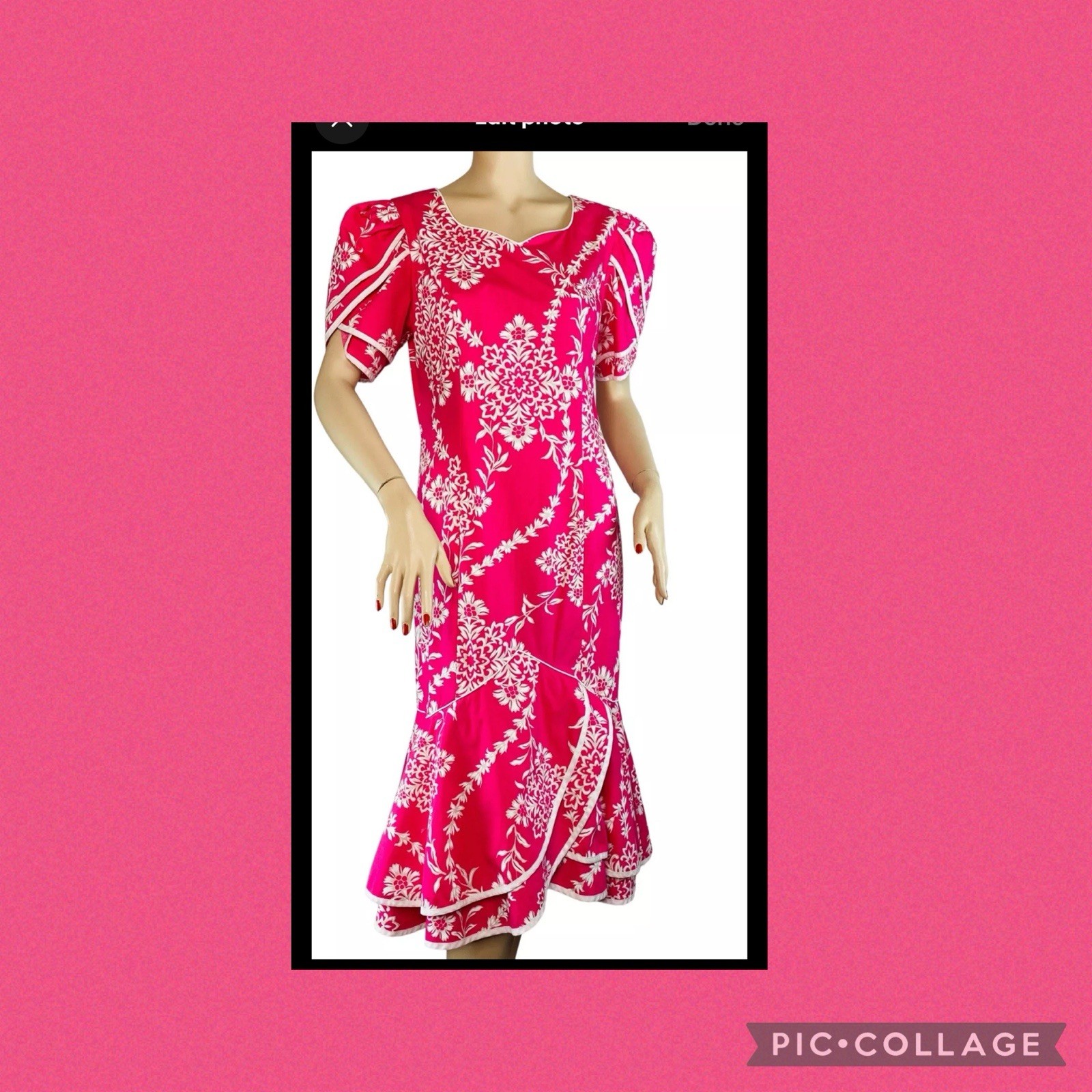 Vintage Shannon Marie Pink Floral Hawaiian Dress Talon Coquette Ruffles 80s Med