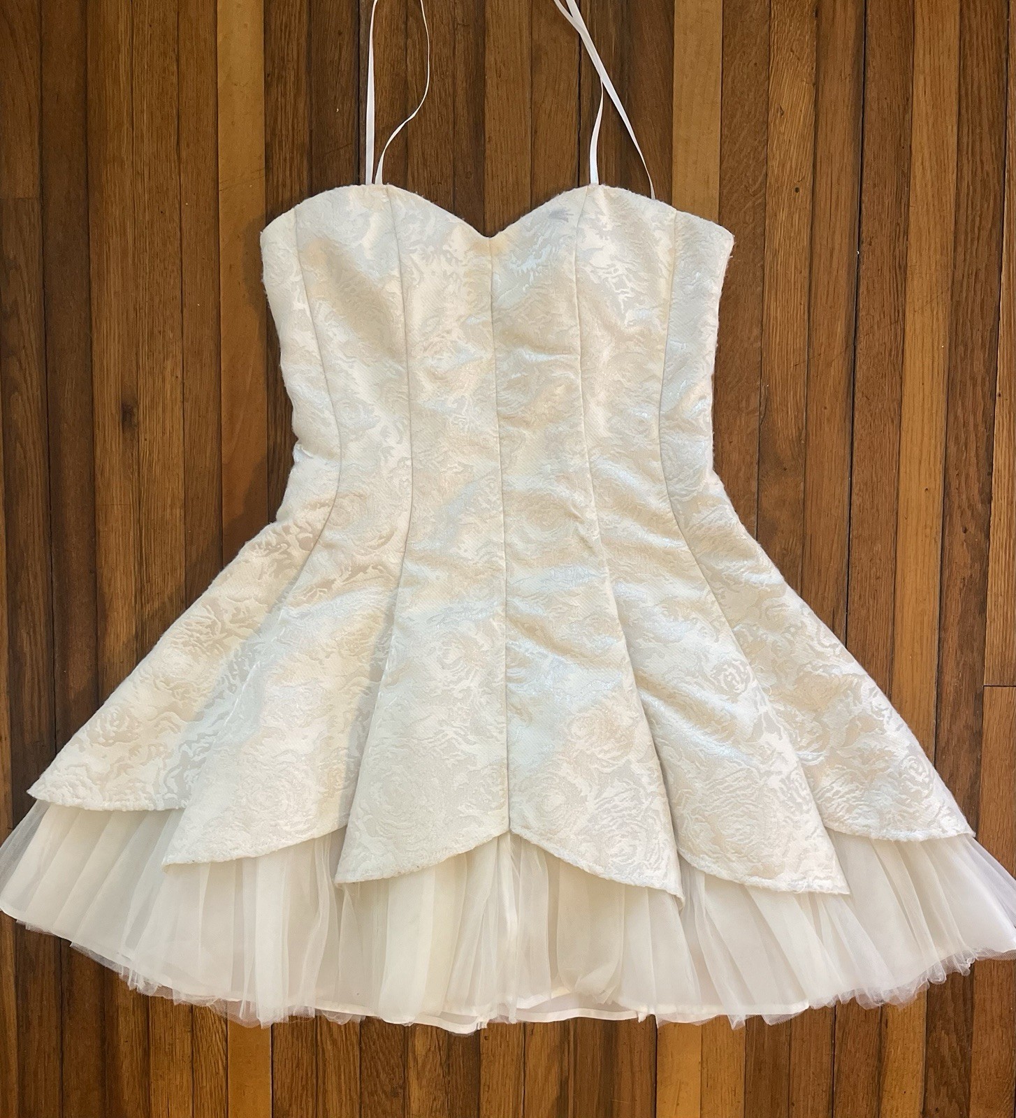 Windsor Strapless Ruffled Tulle Prom Dress Cream Gold Brocade 80s Sz 3