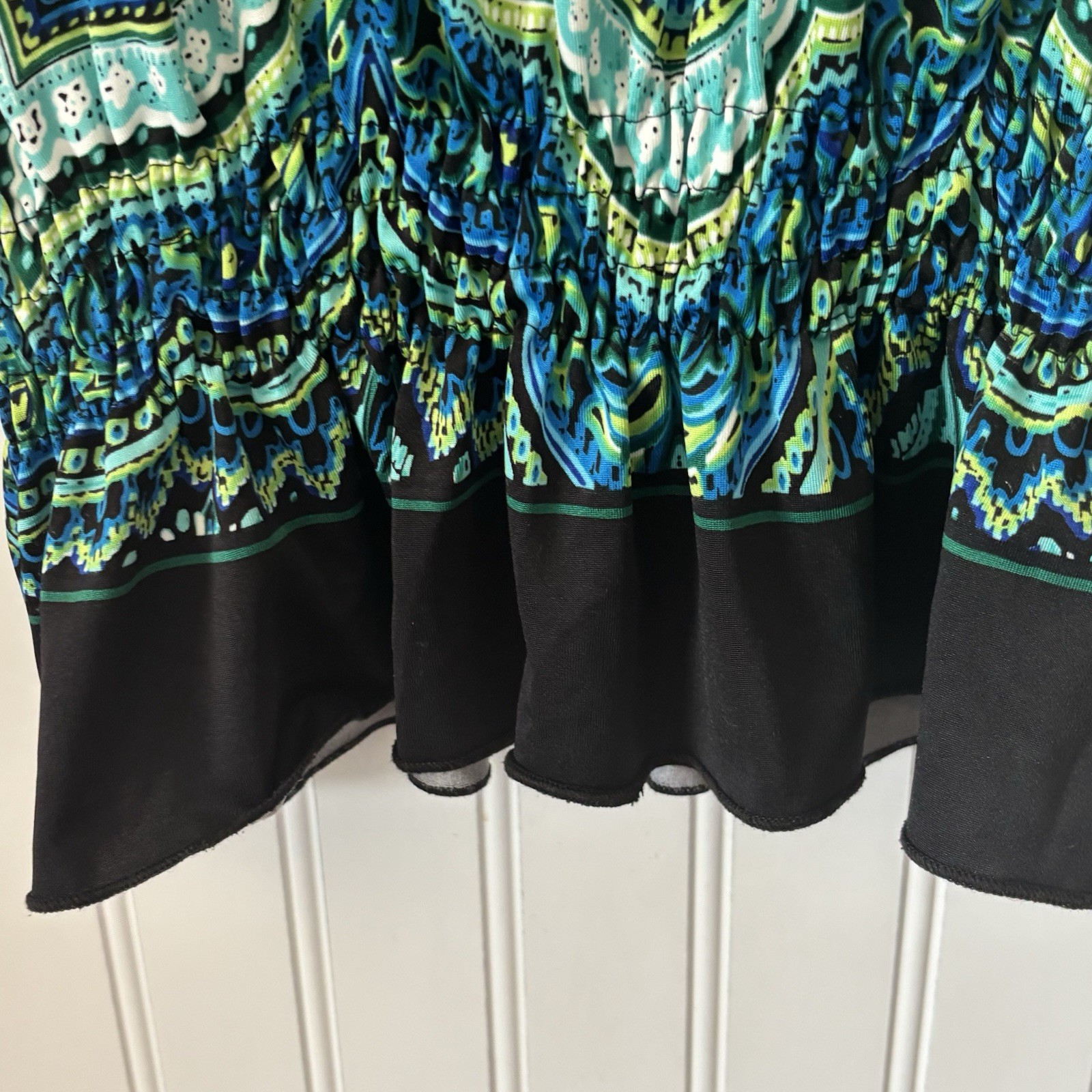 Vtg Carol Rose Peplum Top Blouse Petite Med Teal Lime Black Paisley Boho Peasant