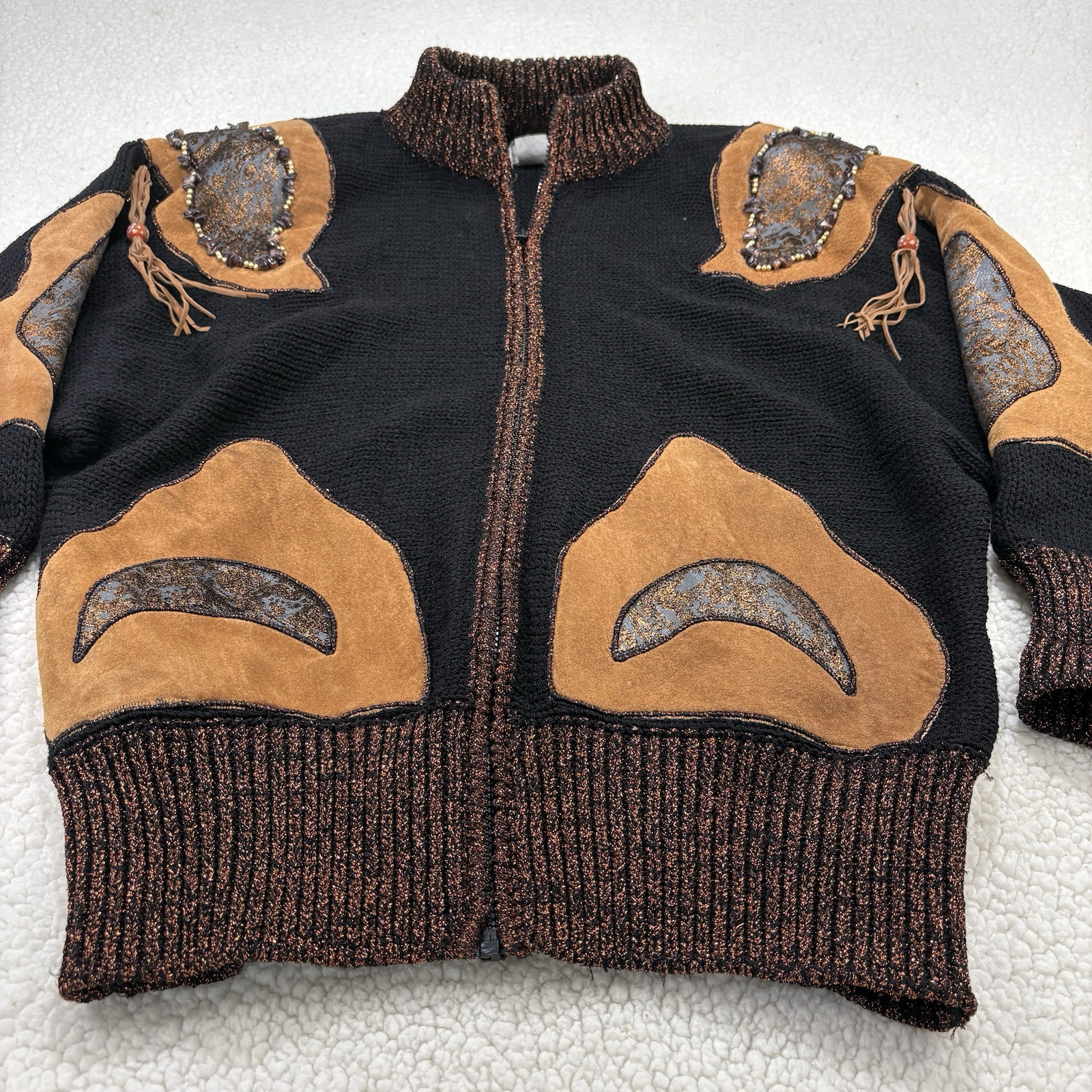 Vtg 80s Christine Knit Jacket Zip Sweater Embellished Beaded Suede Wool Tassels