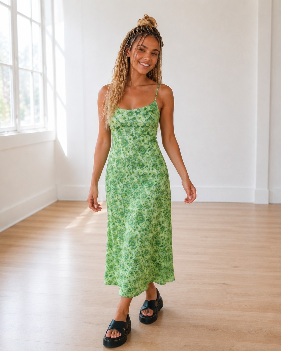 Vintage 90s Phoebe Buffay Floral Slip Dress Green Daisy Midi Cottagecore Boho