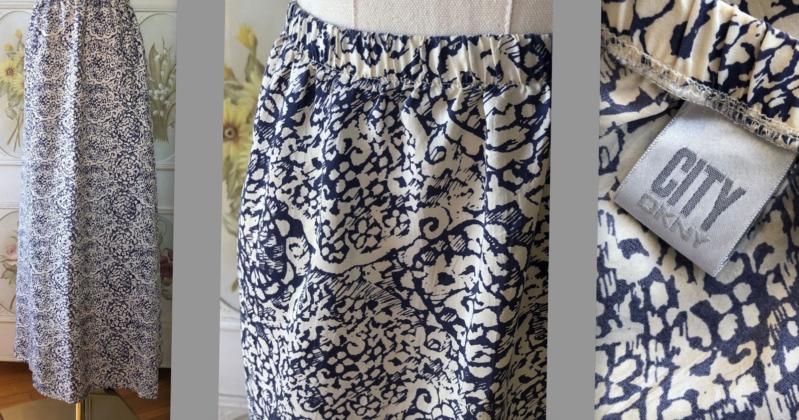 VTG DKNY CITY DONNA KARAN NEW YORK 100% SILK MIDI SKIRT CREAM NAVY XS EUC CLEAN