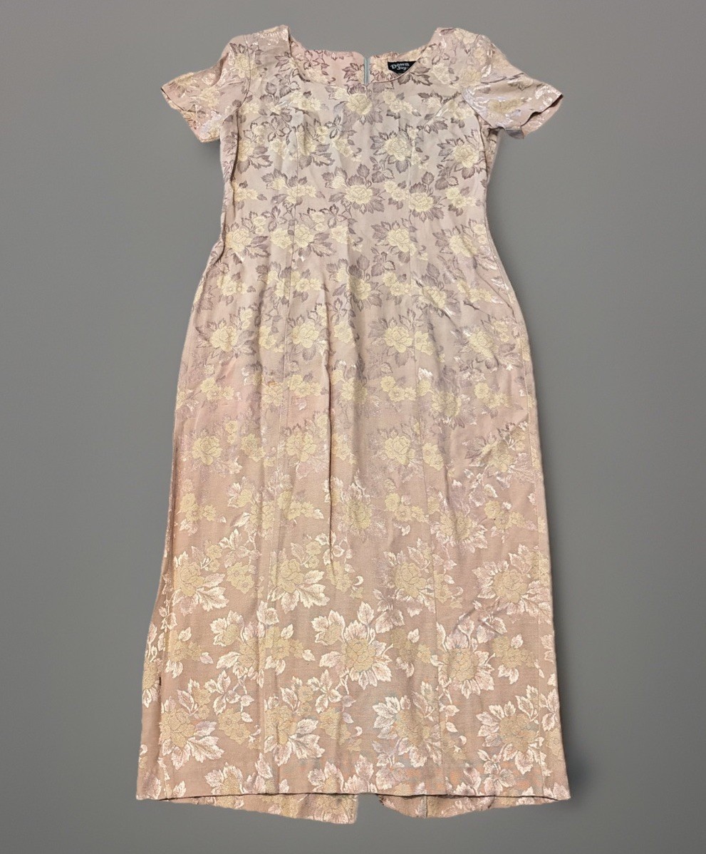 Vintage Dawn Joy Fashions Nude Pink Tan Floral Pattern Dress Size 10