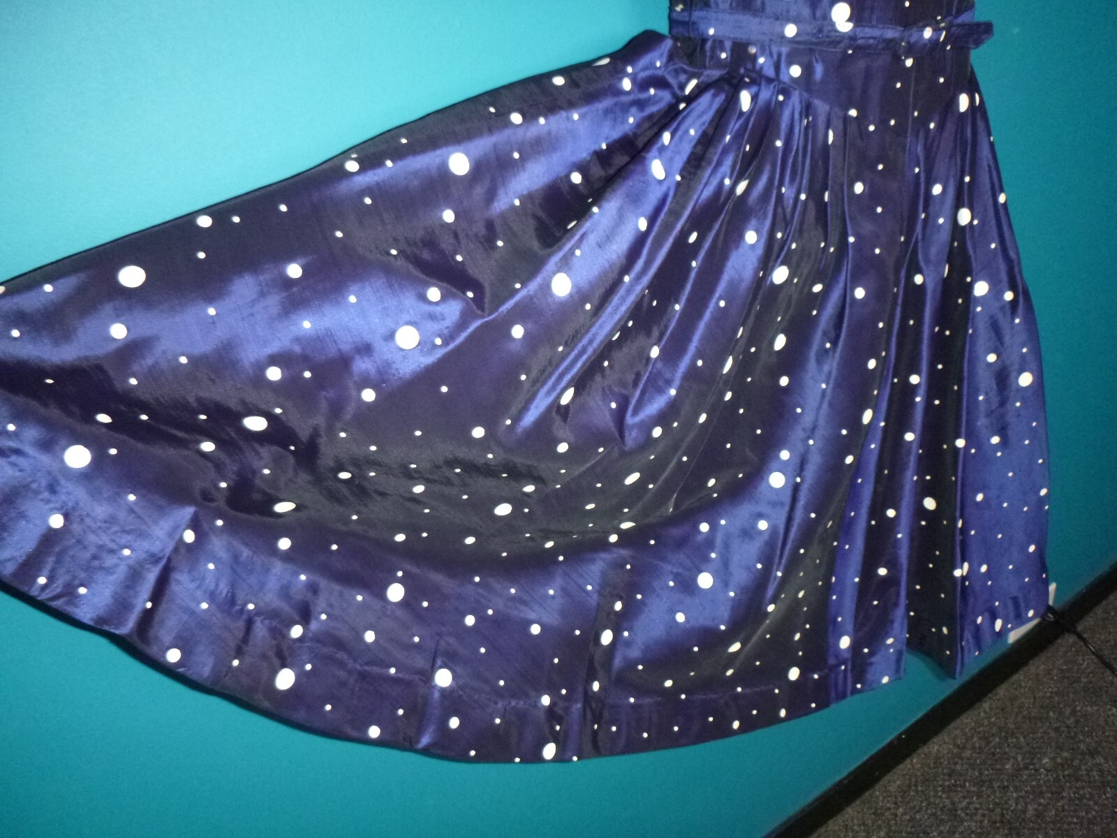 Vtg 50s Blue W/ White Polka Dots Fit N Flare Party Dress Sz XS/S