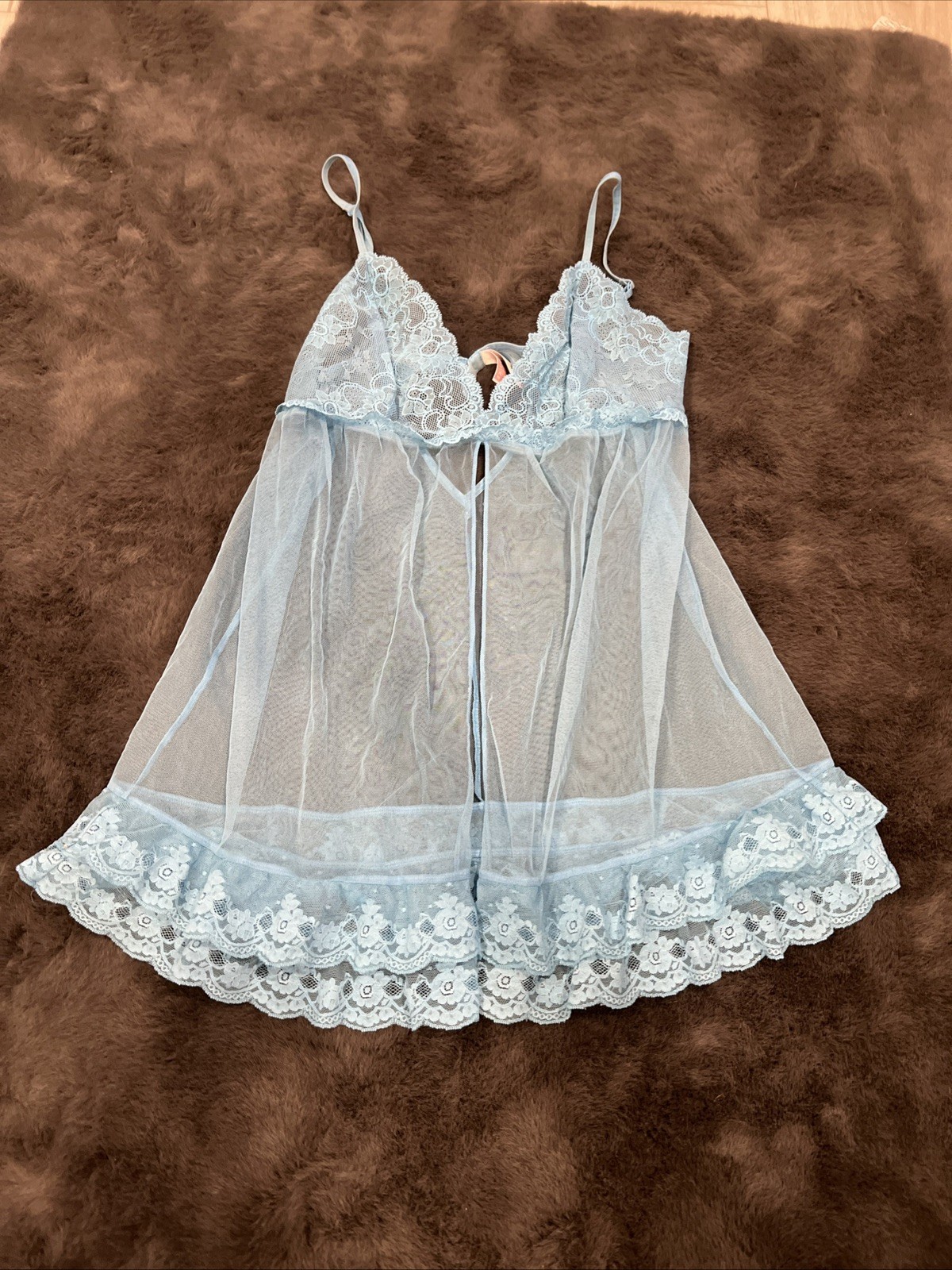 Vintage Victoria’s Secret Blue Sheer Mesh Baby Doll Front Open L 2003