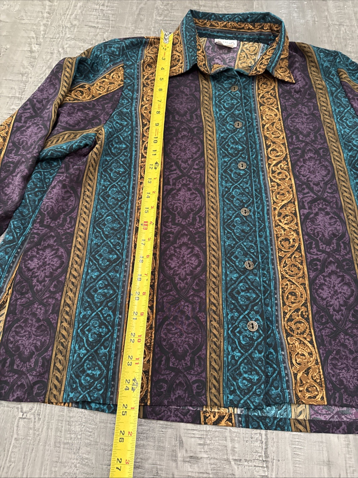 Vintage Bon Worth Blouse Teal Purple Gold button down, long sleeve medium petite