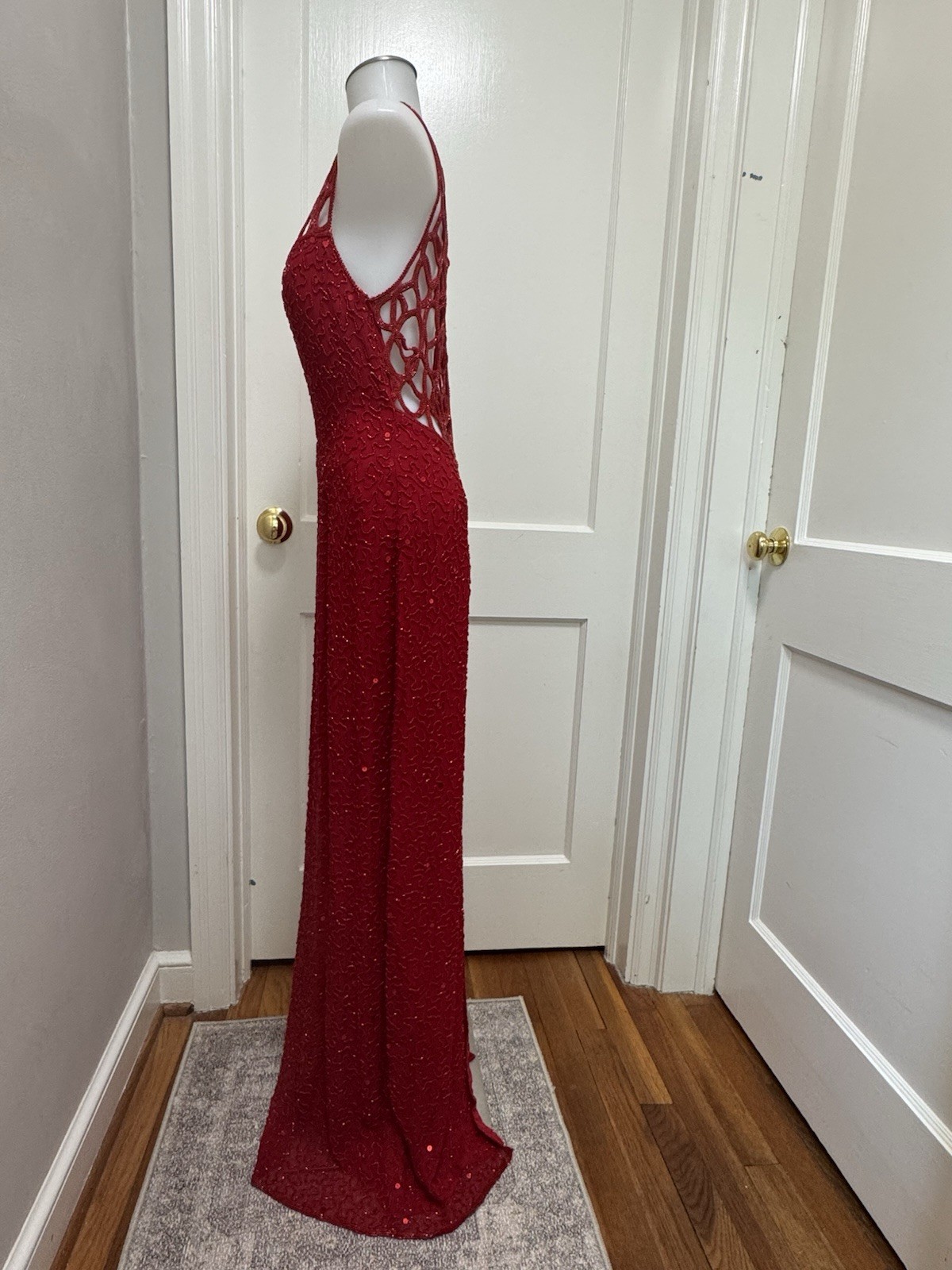 Sean Collection Vintage 90s Red Sequin Silk Gown Beaded Cage Back Formal L