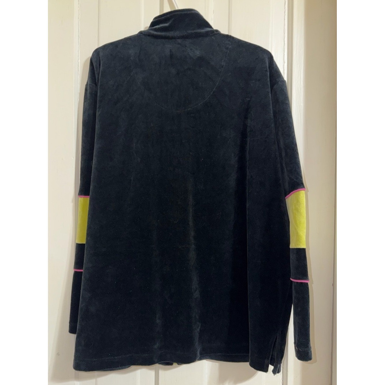 Women’s plus size 2X Black Velvet Jacket with Lime Accents and Pink 70 80s coat