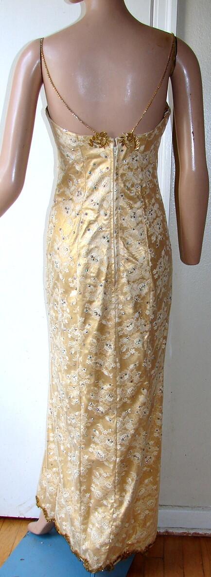 1980s GOLD LONG DRESS w/Lace and Rhinestones; Fancy Trim d1-2