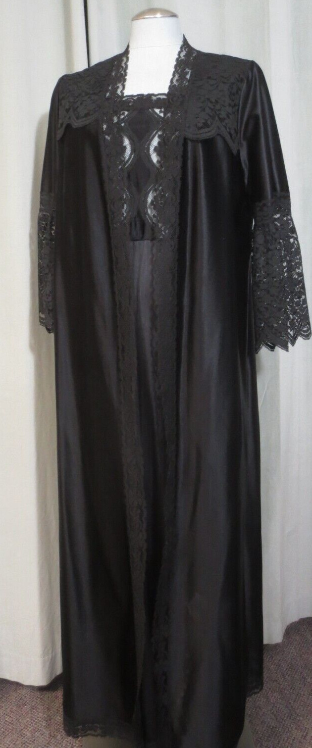 Vtg Jenelle Of California 2 Pc Sexy Black Peignoir Nightgown & Robe Small