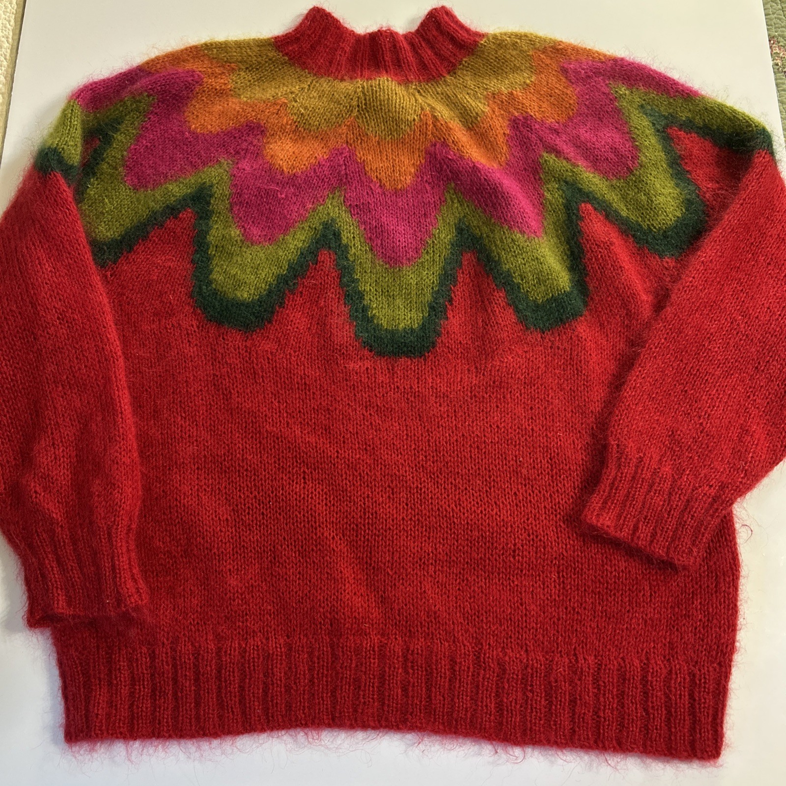 1980’S SWEATER MAURICE SASSON KIKIT RED MOHAIR MOCK TURTLENECK MEDIUM ZIG ZAG