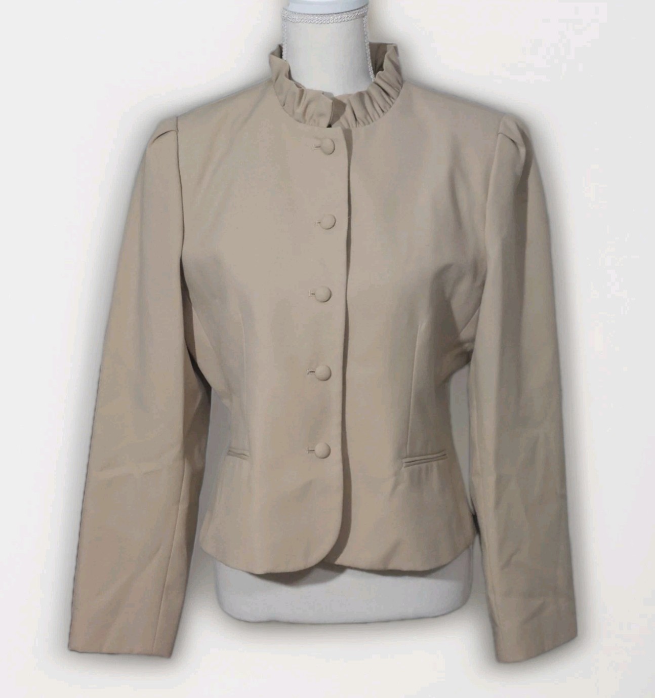 Vintage 80s Sasson Paris Women’s Blazer Ruffled Scalloped Hem Tan 14 38×21″