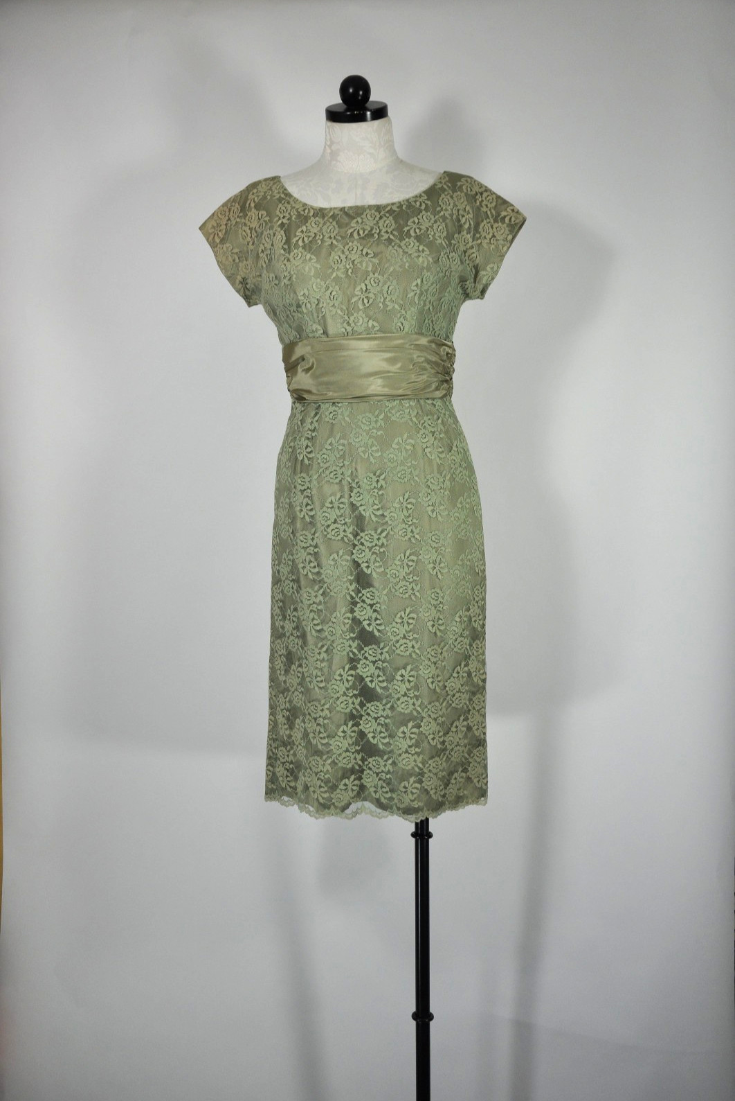 60s Vintage Sage Green Floral Lace Midi Sheath Wiggle Cocktail Dress Women XS S