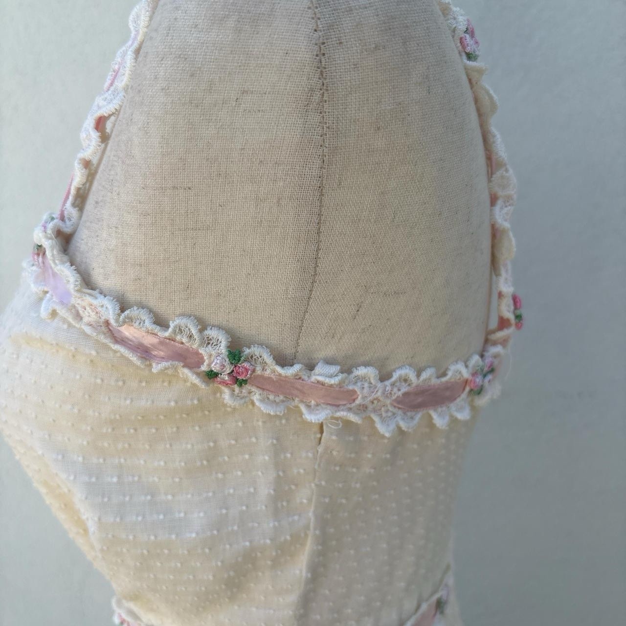 Vintage Handmade Dotted Swiss Dress With Embroidered Pink Rose Lace Trim