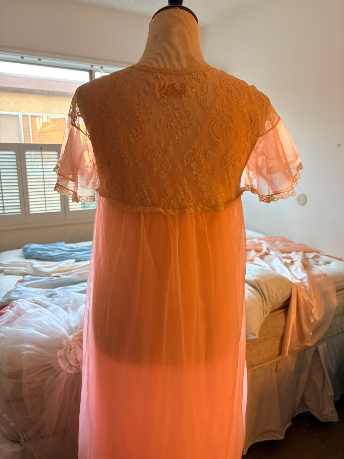 VTG 60s Aristocraft Pink Peignoir Set Sheer Chiffon Lace Nightgown Robe Small