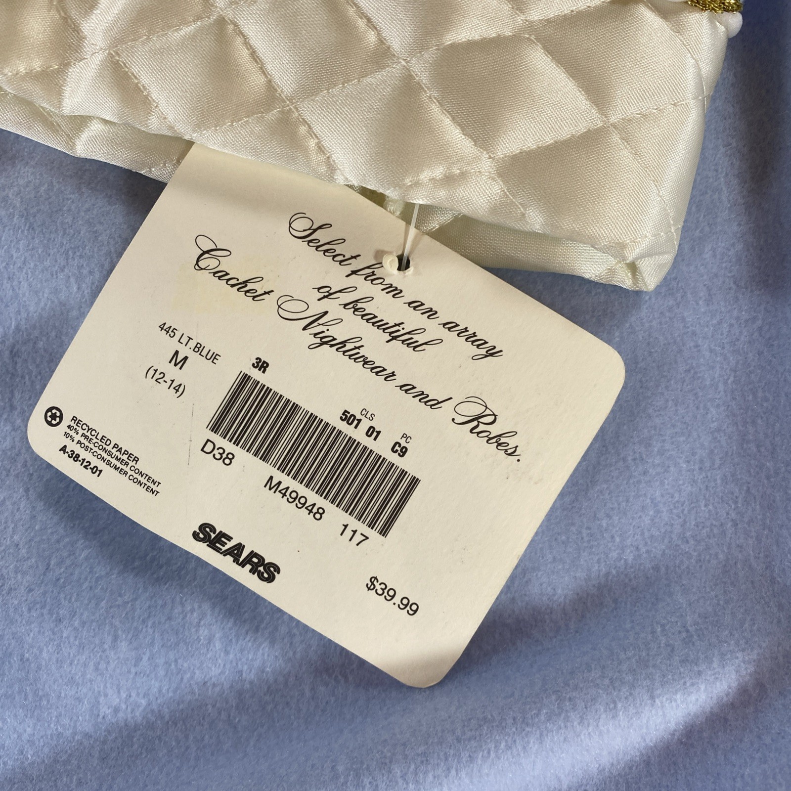 VTG 80s 90s Sears Cachet Fleece Robe NWT New Old Stock Quilted Satin Medium Blue