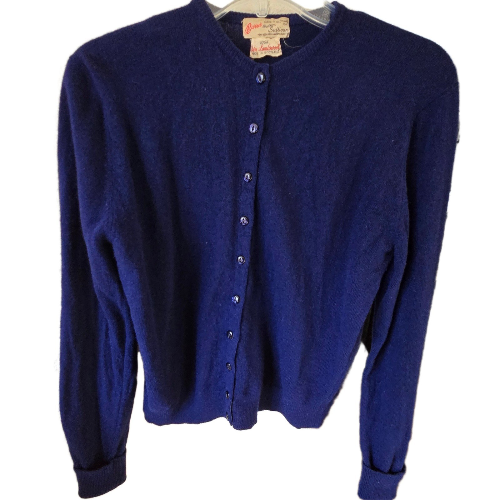 Vtg Barrie for Marty Sullivan Navy Blue 100% Lambswool Cardigan Made in Scotland