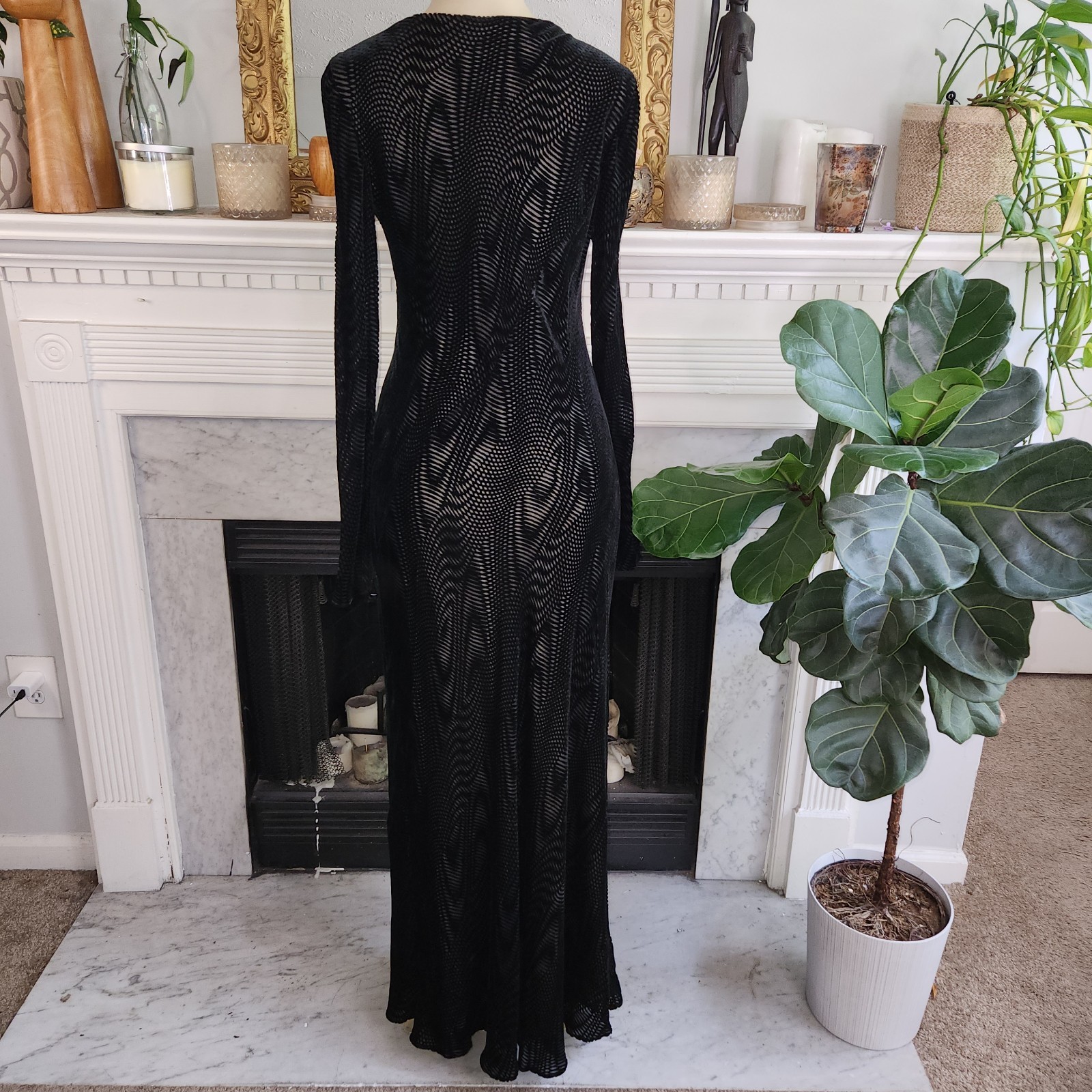 90s Helen David Devoré Velvet Burnout Black Maxi Dress Sz 8 Goth Dark Romantic