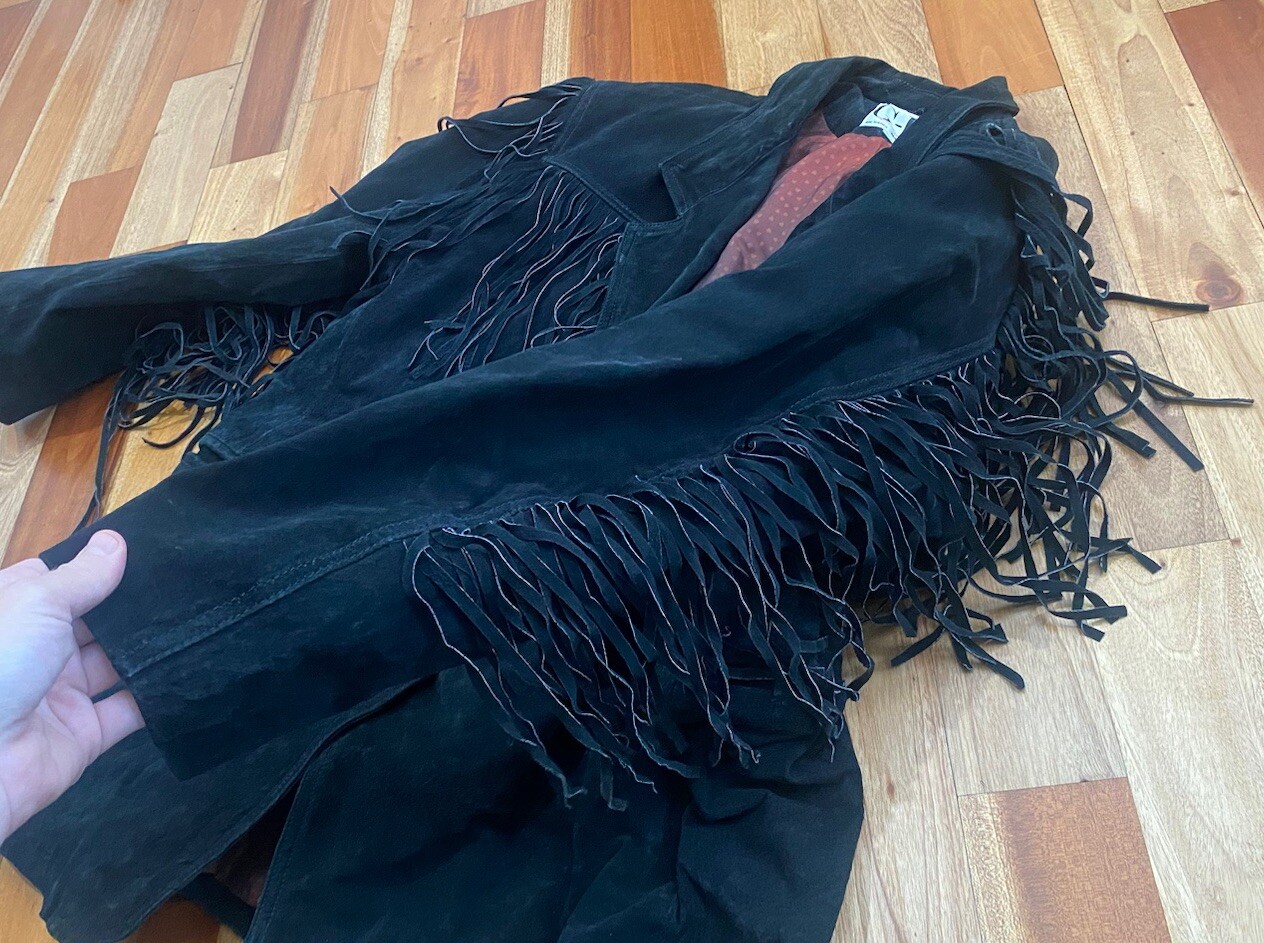 VINTAGE WOMENS G-III BLACK SUEDE LEATHER FRINGE PLUS SIZE 26-28 WESTERN COAT