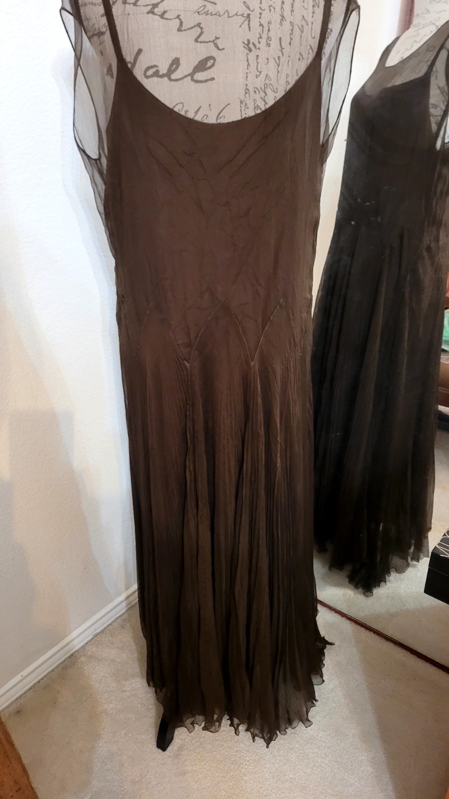 Vtg 1930s Chocolate Silk? Chiffon Dress Built-in Lining Floor Length Sz Large