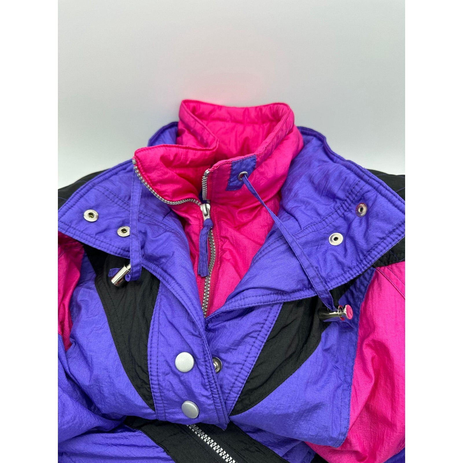 Vintage Puffer Coat Ski Jacket Puffy Color Block Pink Purple Black Large 1990s
