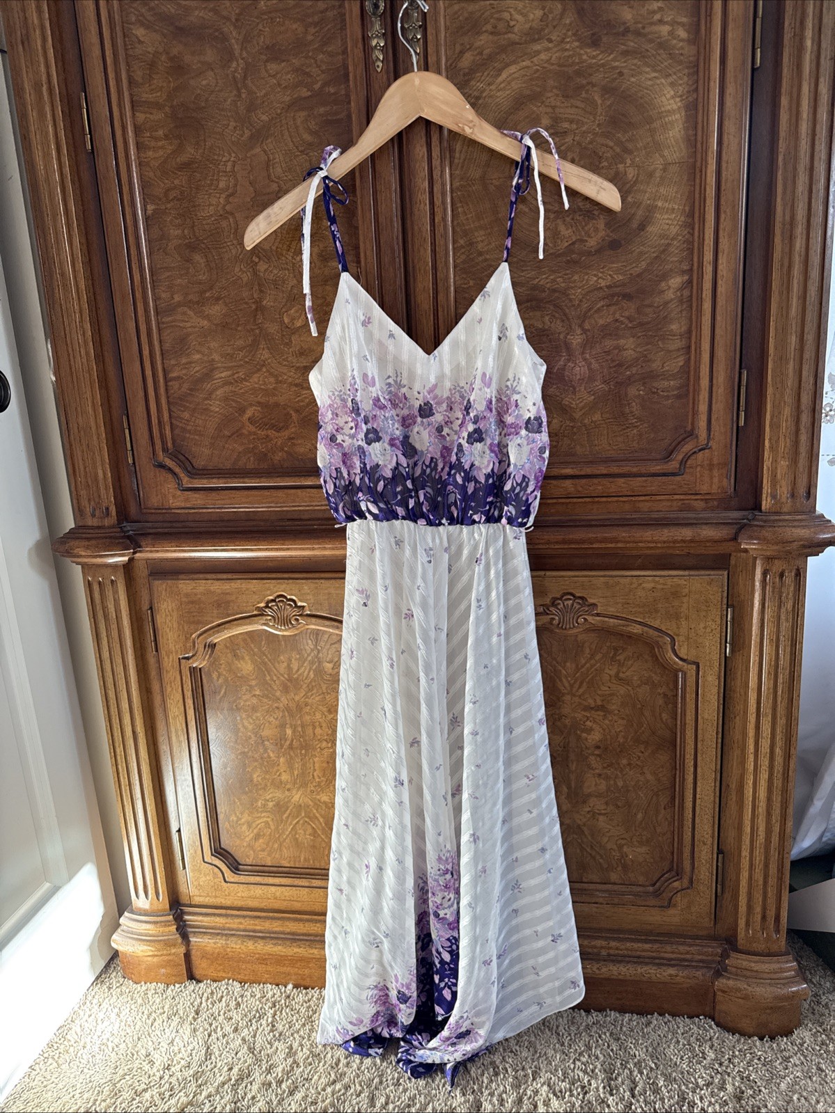 Vintage 80s Diamond’s Run White Purple Floral Dress Whimsical Fairy Cottagecore