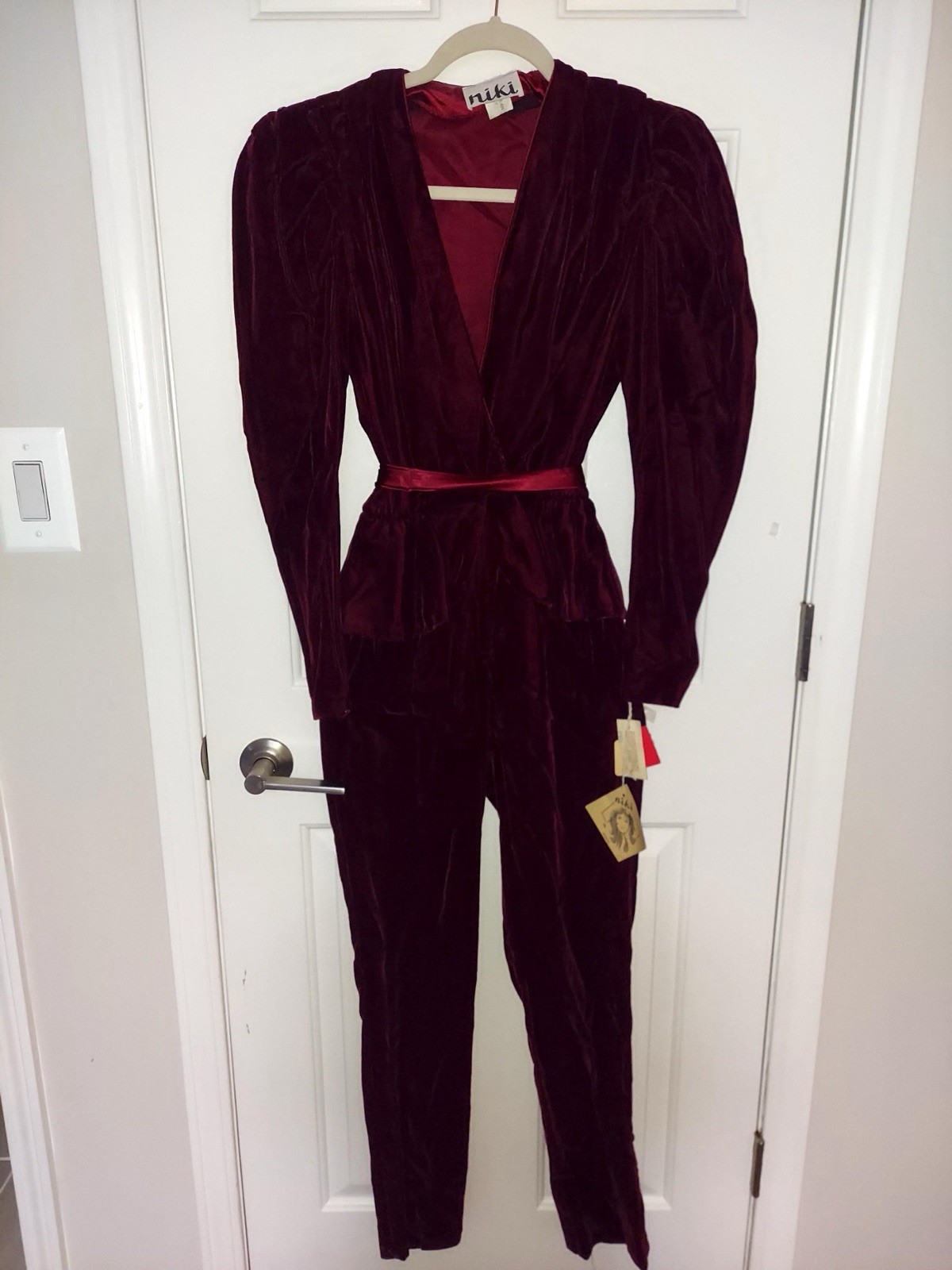 Niki 1980’s Vintage Velour Rayon Burgundy Jumpsuit, Size 7/8, New With Tags