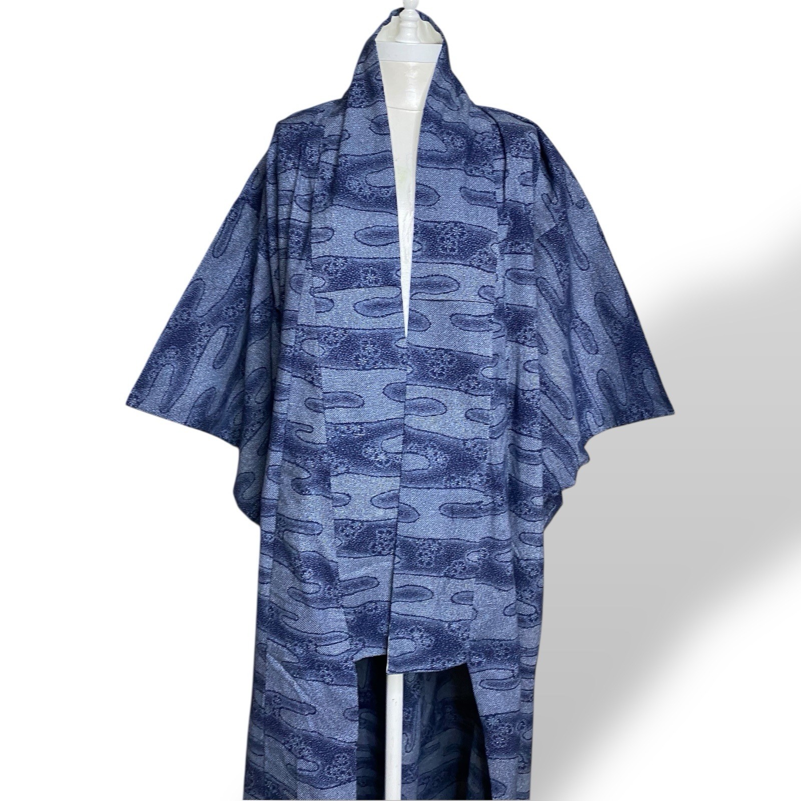 Vintage Kimono Robe Blue Hand Dyed Cotton Full Length 1970s Unisex OSFA Japanese
