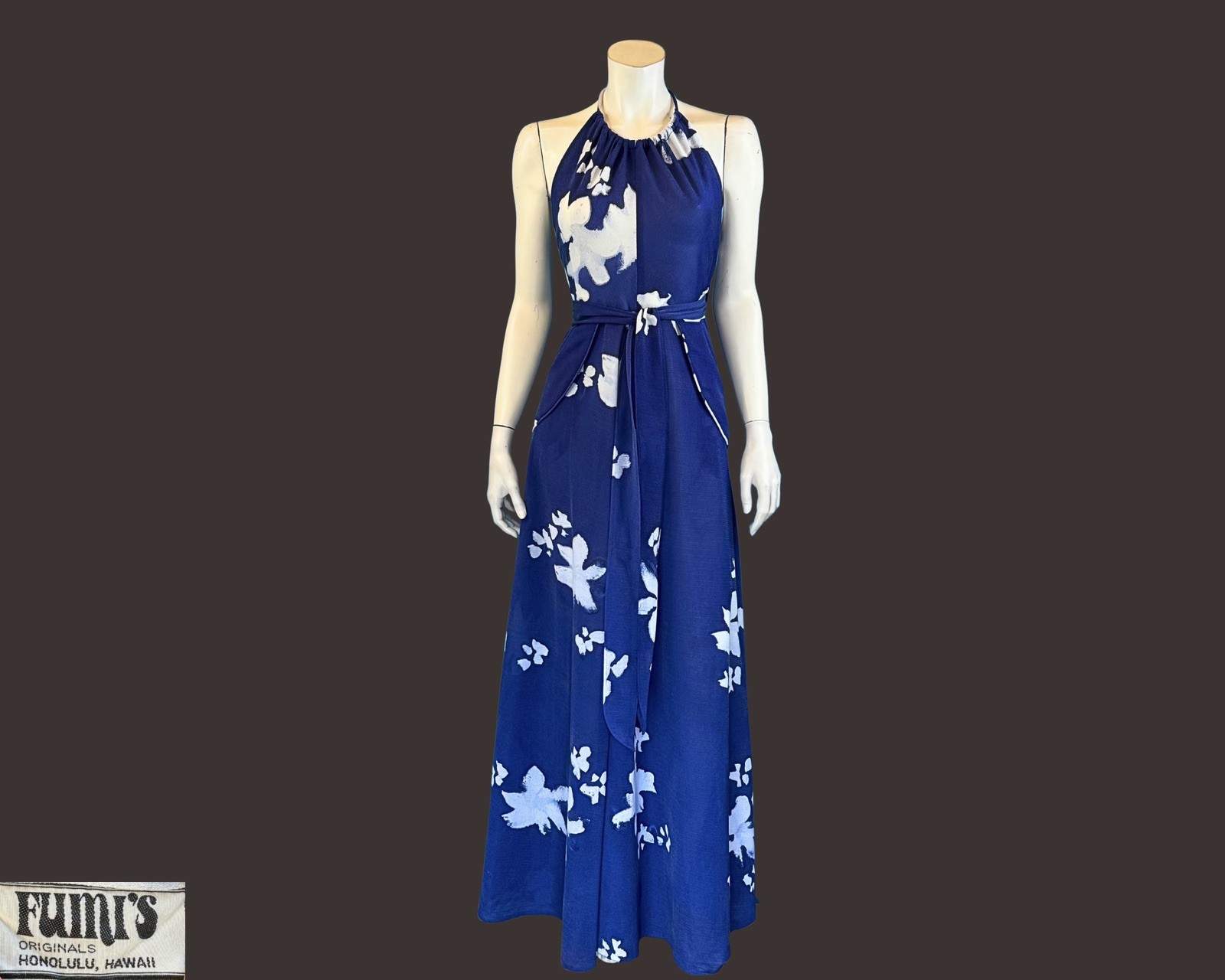 Vintage 1970s FUMI’S Hawaii Blue Floral Halter Maxi Dress | XS S M