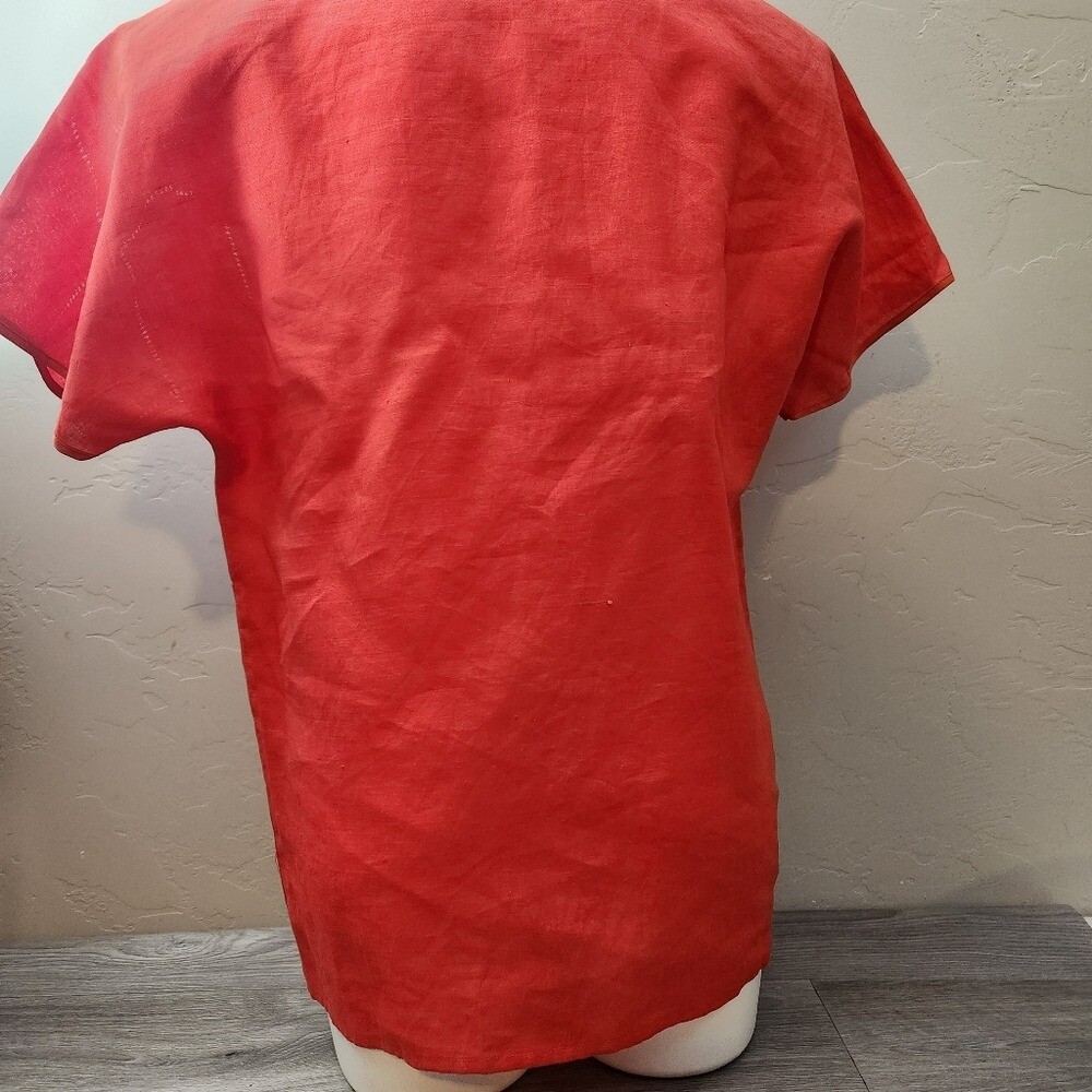 Vintage Suzelle Orange Top Size 12 Linen Silk Embroidered Floral Button Perforat