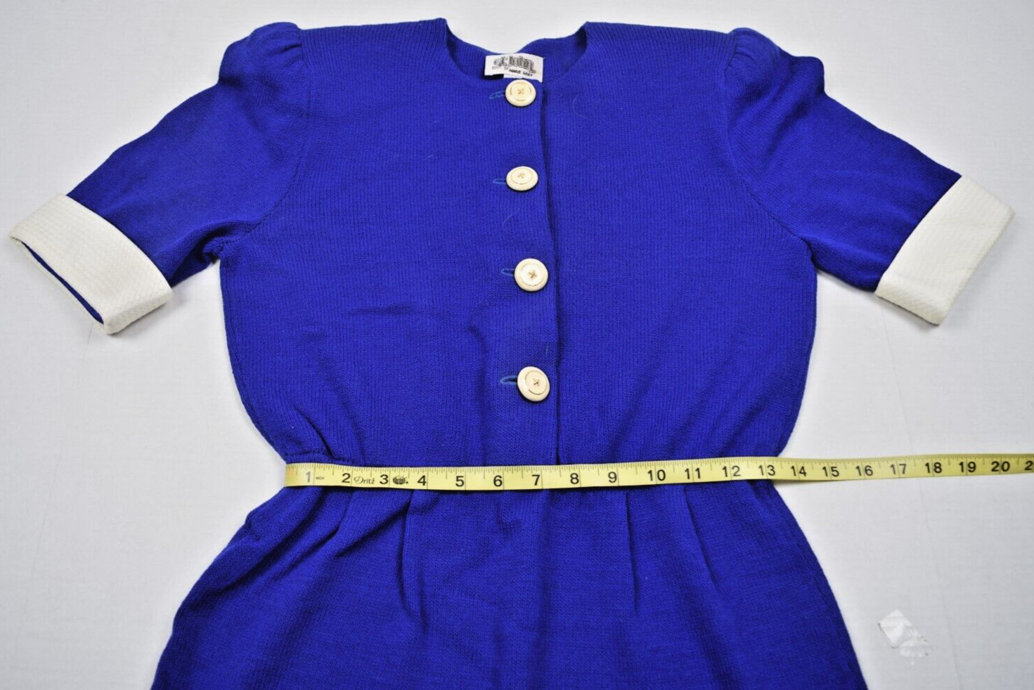 Vintage St John Knit Royal Blue Midi Dress S/M 80s White Buttons Fitted Waist