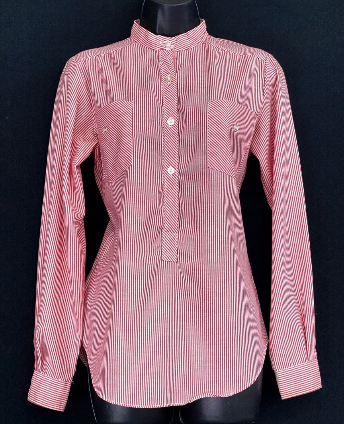Vintage 1970s pink striped blouse, red white cotton long sleeve shirt top S