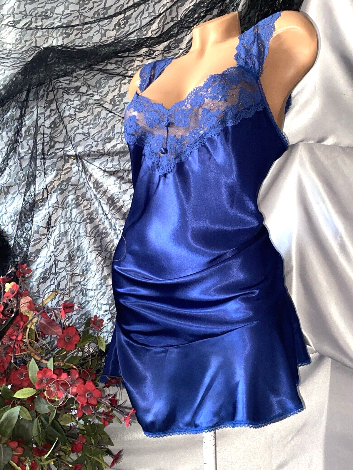 VTG Satin Shiny IMPORT BLUE CHEMISE BABYDOLL NIGHTY PJS GOWN NIGHTGOWN