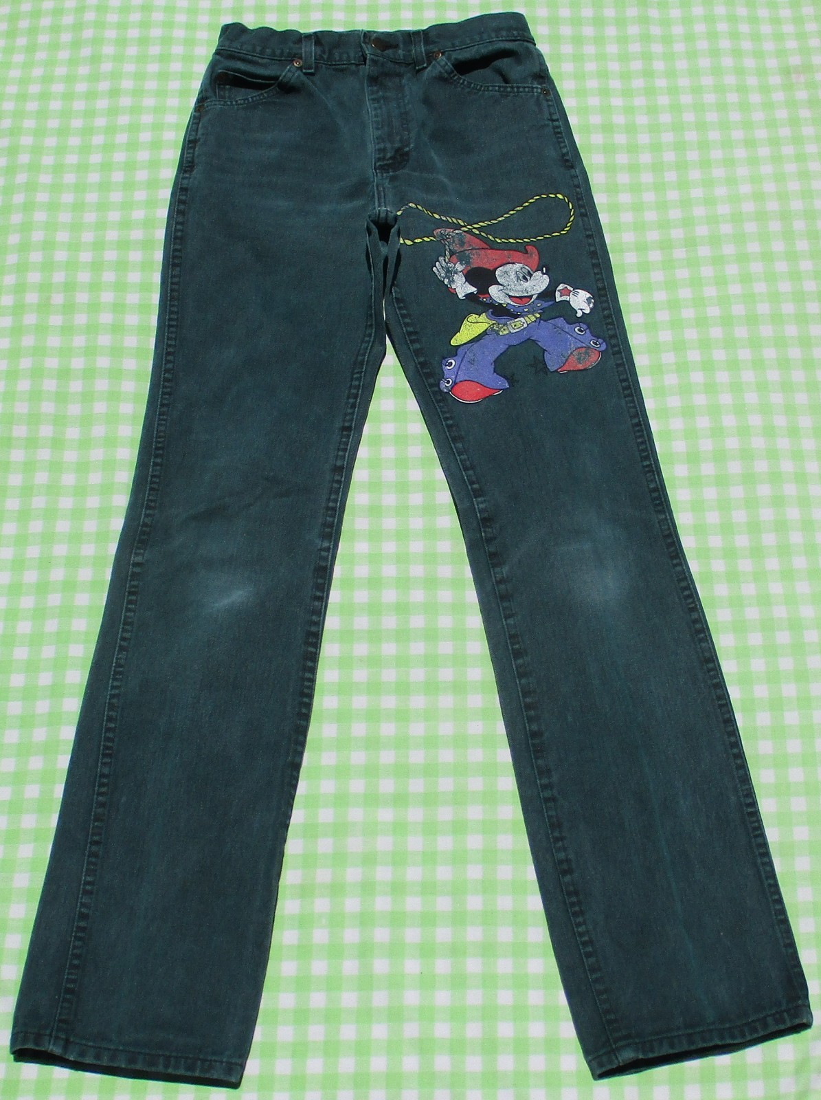 Vintage 80s LEE Disney Cowboy Mickey Mouse Green Denim Slim Jeans 26 X 32.5 USA