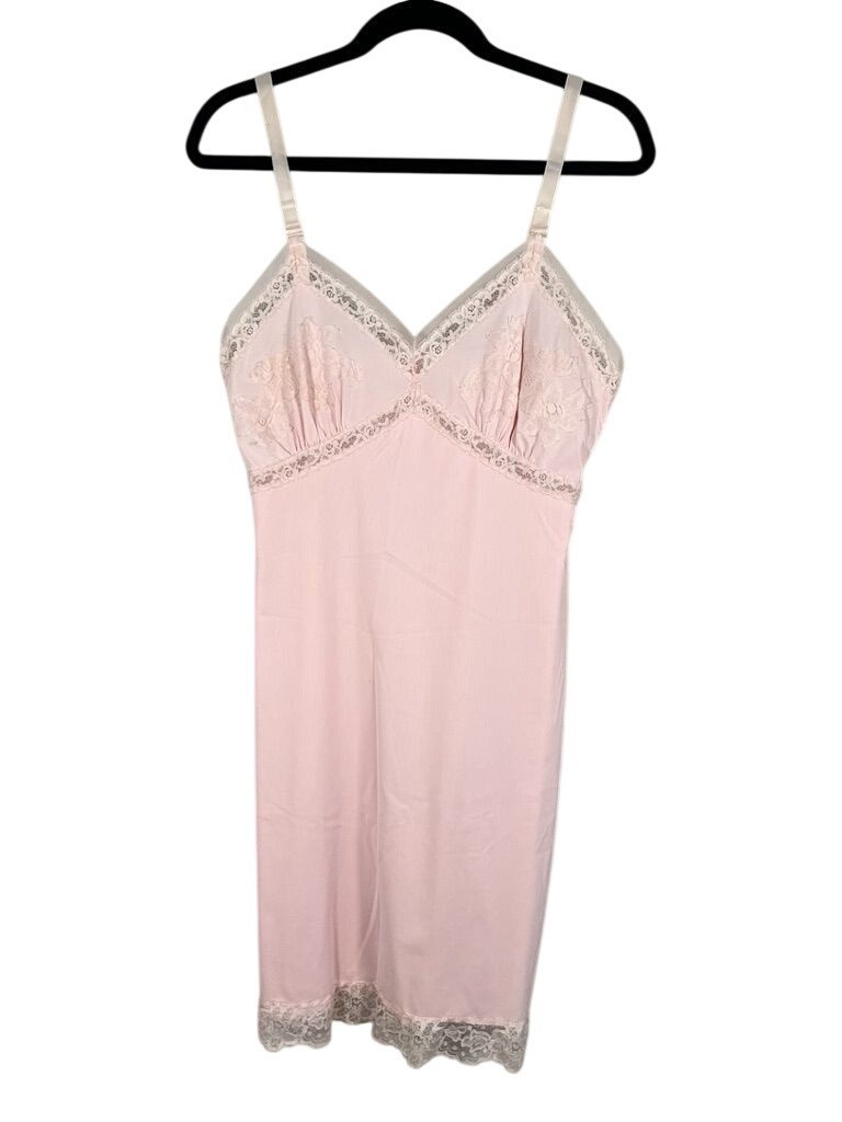Vintage Floral Lace Slip Dress 36 Pink 60s Feminine Sexy Coquette Pin Up Mod