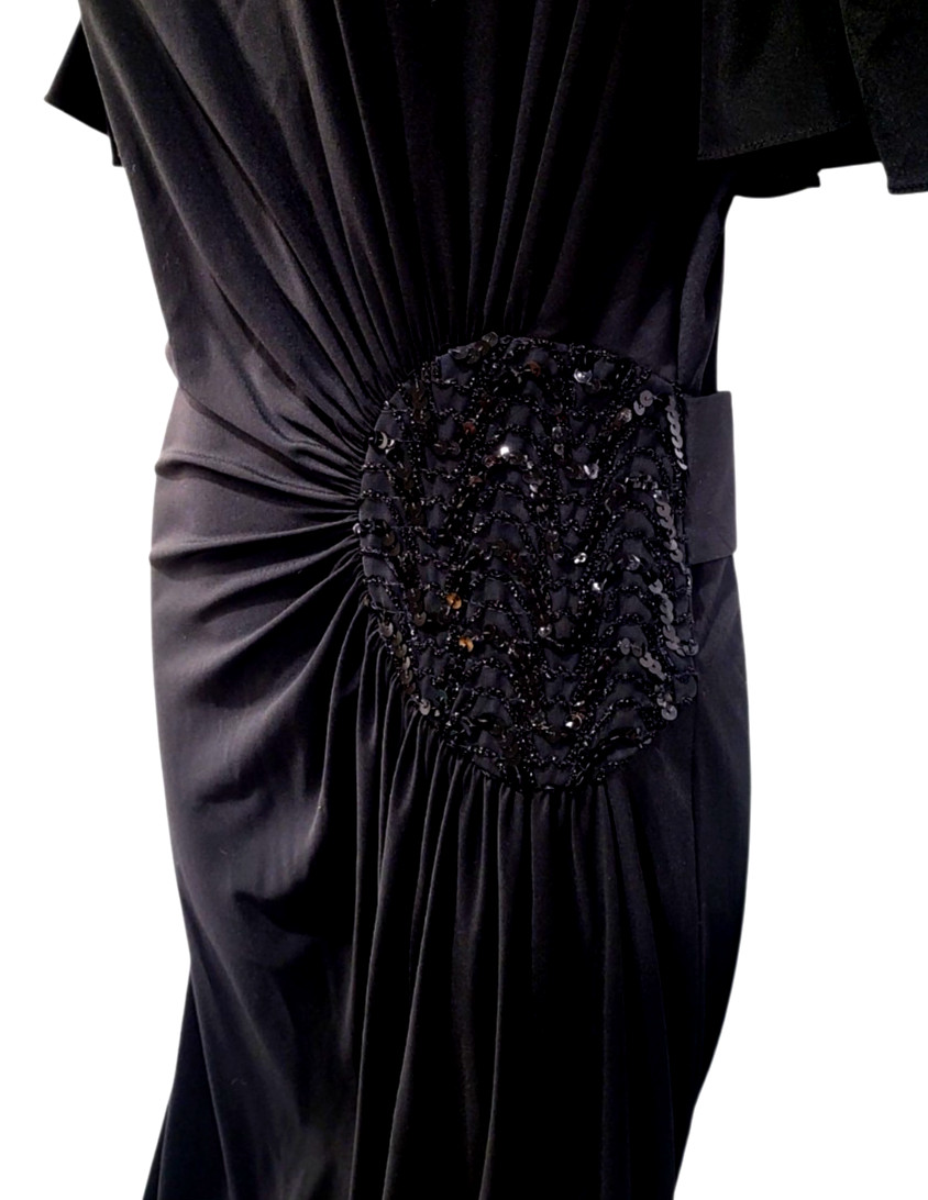 Vtg RIMINI Women Black Maxi RUCHED BEAD & SEQUINCE Side Accent Evening Gown 10