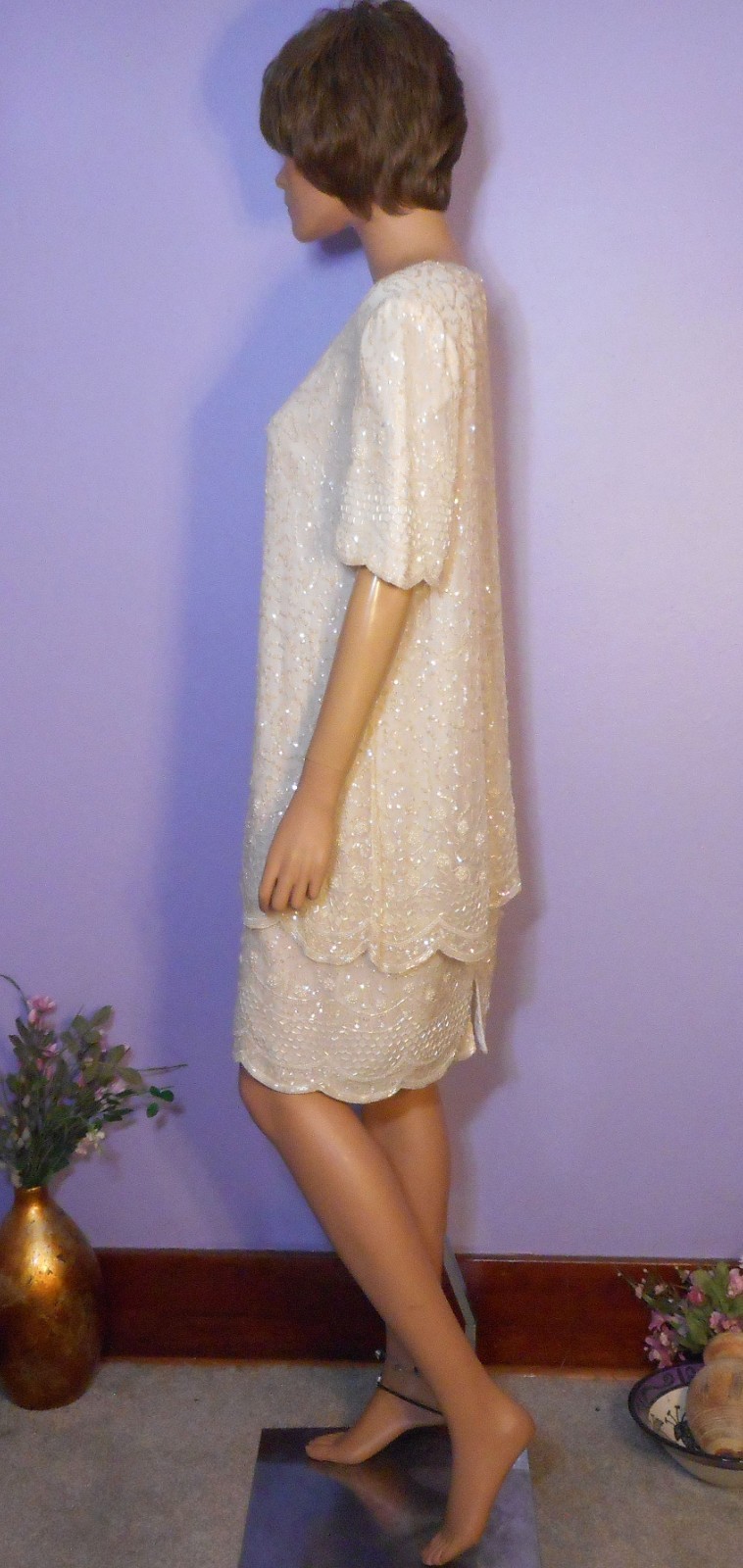 Vtg ‘80s Brilliante Winter White 100% Silk Sequined & Beaded Party Dress, L