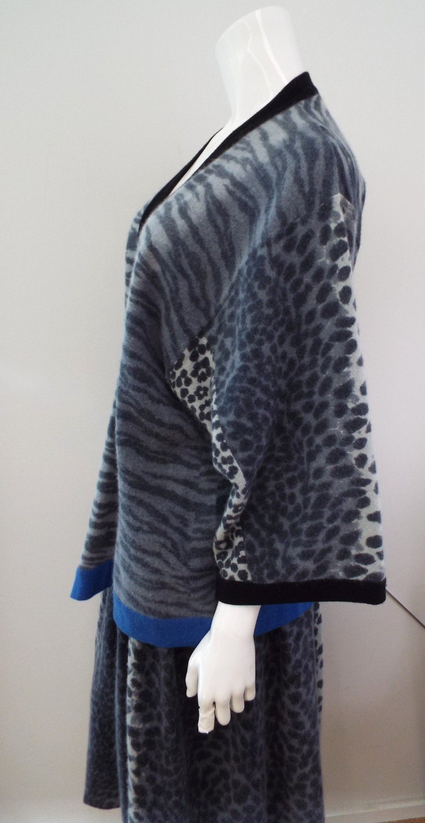 Vintage 1980s KENZO Sweater & Skirt Lambswool Angora Gray Animal Print Blue
