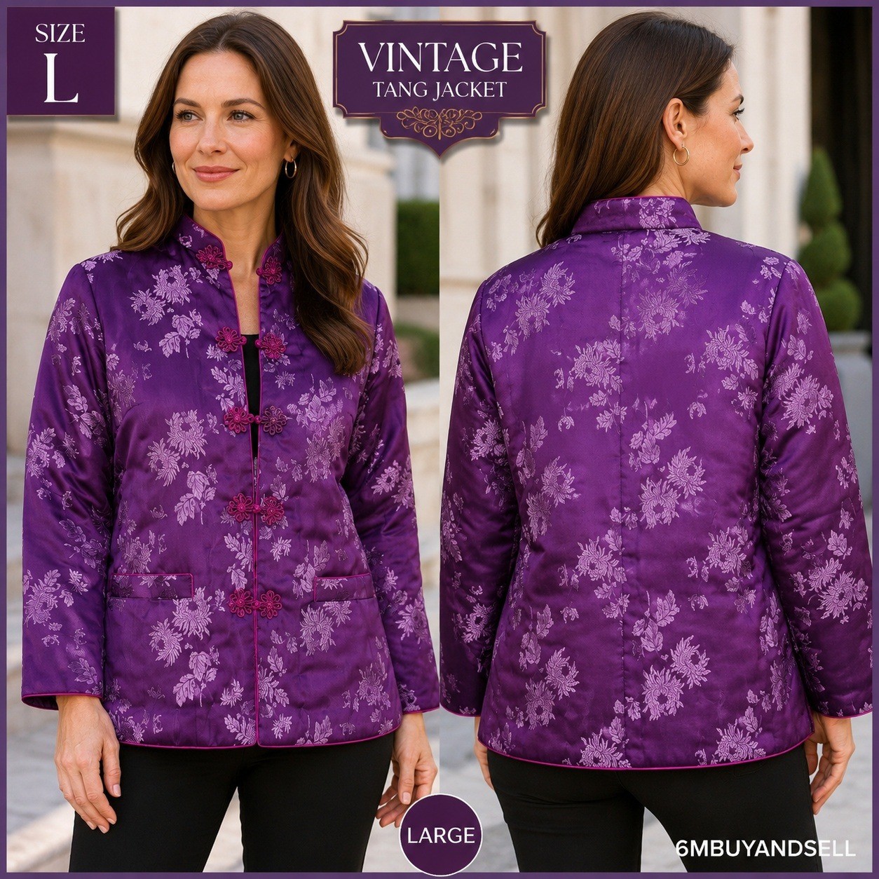 Vintage Purple Floral Satin Tang Jacket Mandarin Collar Frog Buttons Size L