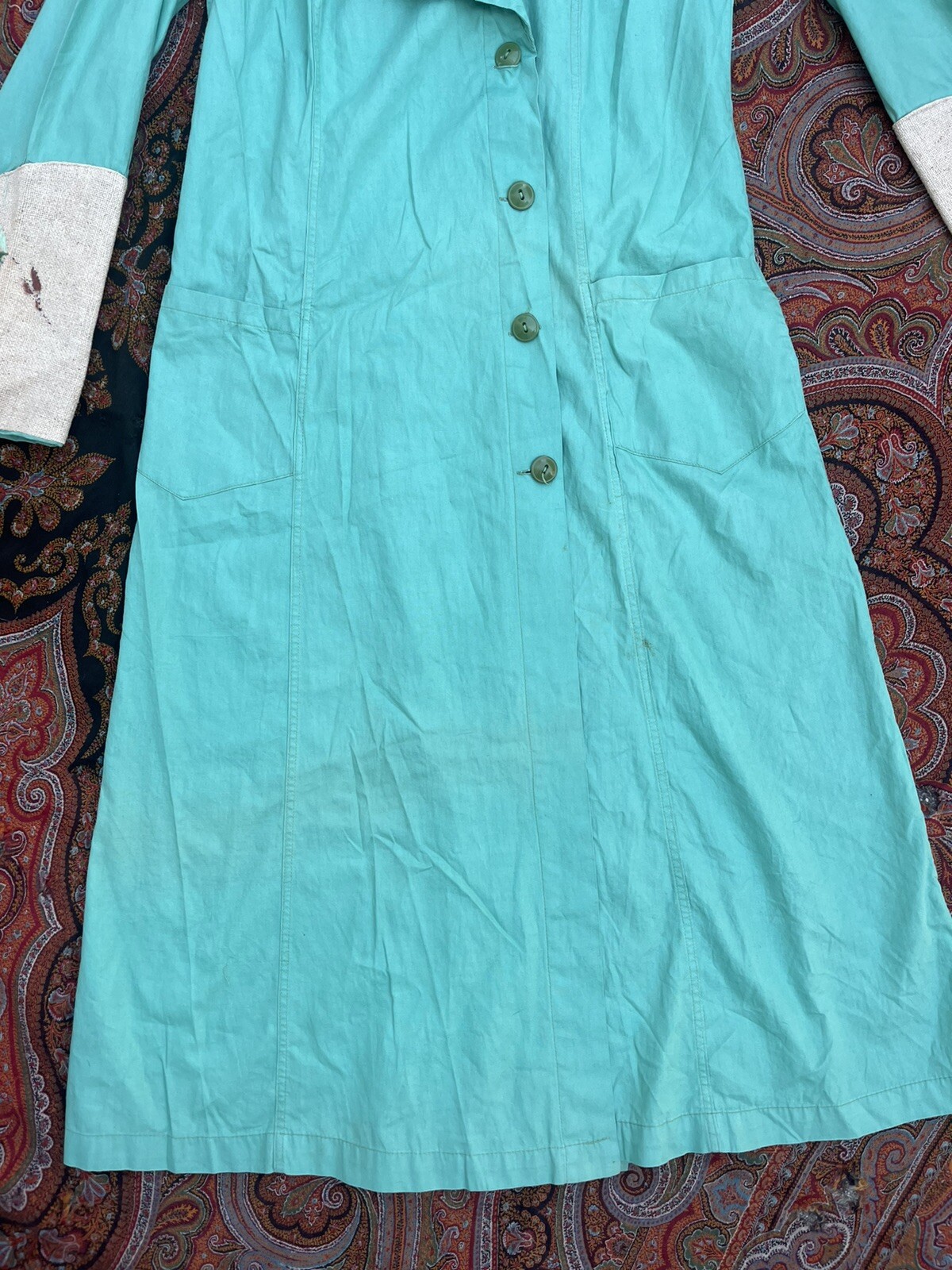 Vintage 1900s 1920 Dress House Coat Button Duster Teal Embroidery Art deco